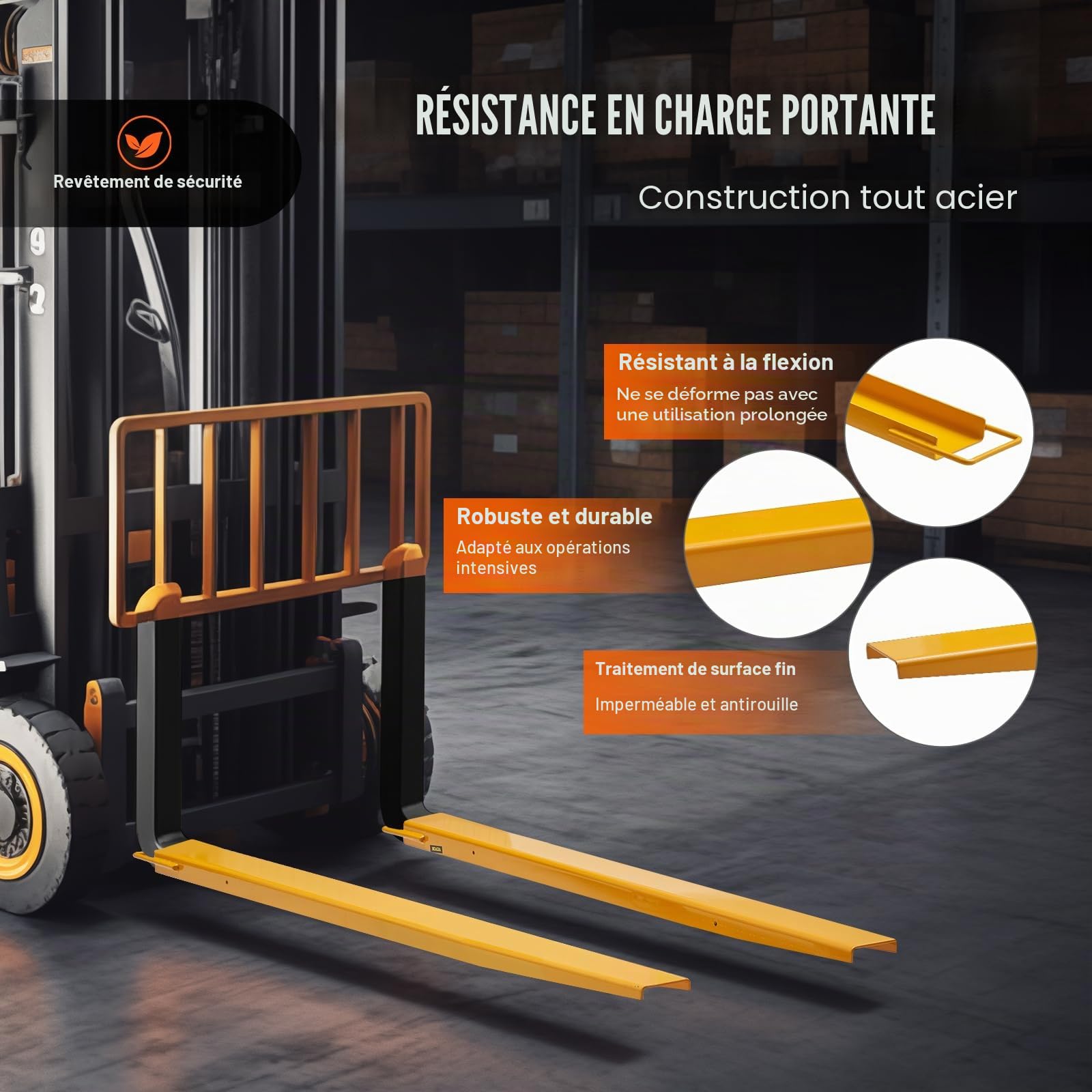 VEVOR Rallonges de Fourches à Palette 1520x115 mm Extensions de Fourche pour Chariot Élévateur Industriel 1 Paire Acier au Carbone Robuste pour Déplacer et Transporter Charges Volumineux Lourds, Jaune
