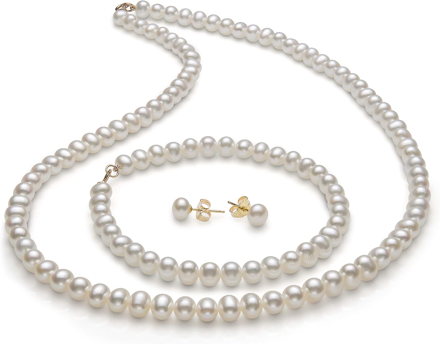 Belacqua 14K Gold Freshwater Pearl 18″ Necklace Bracelet Stud Earrings Set for Women | Jewelry for Her | Gift Box Included