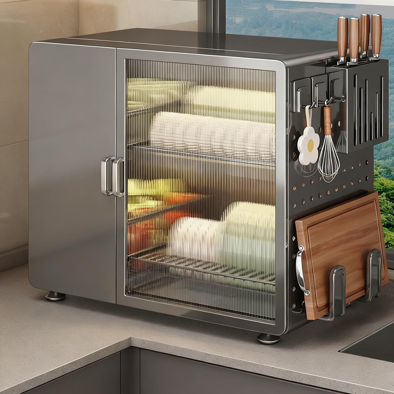 Scolapiatti a due ripiani in metallo grigio canna di fucile sopra il lavello con coperchio magnetico – Salvaspazio cucina Sto Solut per un'asciugatura efficiente e nizat