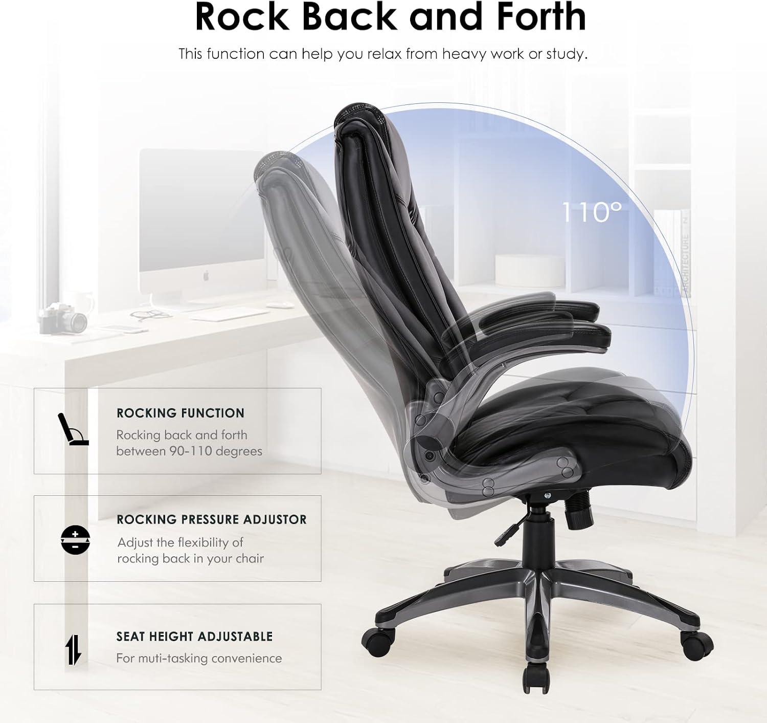 High Back Executive Office Chair-Ergonomic Bonded Leather Computer Chair with Flip-up Arms, Adjustable Tilt Tension, Padded Armrests, Swivel Rolling Home Office Desk Chair-Black,300lbs