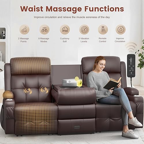 Miniatura 5 de Recliner Sofa, Massage Reclining Sofa 3 Seater Sets Heavy Weight Capacity, RV Loveseat Couch Clearance with Flip Back Console, Storage, Cup Holders,