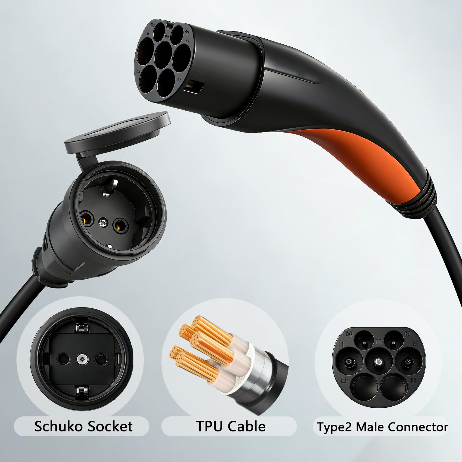 typu 2 do Schuko Adapter, maks. 16 A, 3,5 kW, 3 m, kabel typu 2 do Schuko do stacji ładowania lub wallboxów do motocykli elektrycznych i rowerów elektrycznych