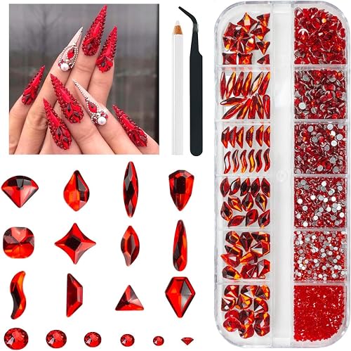 qiipii 2052Pcs Red Nail Rhinestones 72 Multi Shapes Siam Red Rhinestones for nails Flatback Nail Gems K9 Glass Round Ruby Red Beads Stones Diamonds Nail Charms Art for Nails Faces Eyes Makeup Crafts