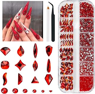 2052Pcs Red Nail Rhinestones 72 Multi Shapes Siam Red Rhinestones for Nails Flatback Nail Gems K9 Glass Round Ruby Red Beads Stones Diamonds Nail Charms Art for Nails Faces Eyes Makeup Crafts