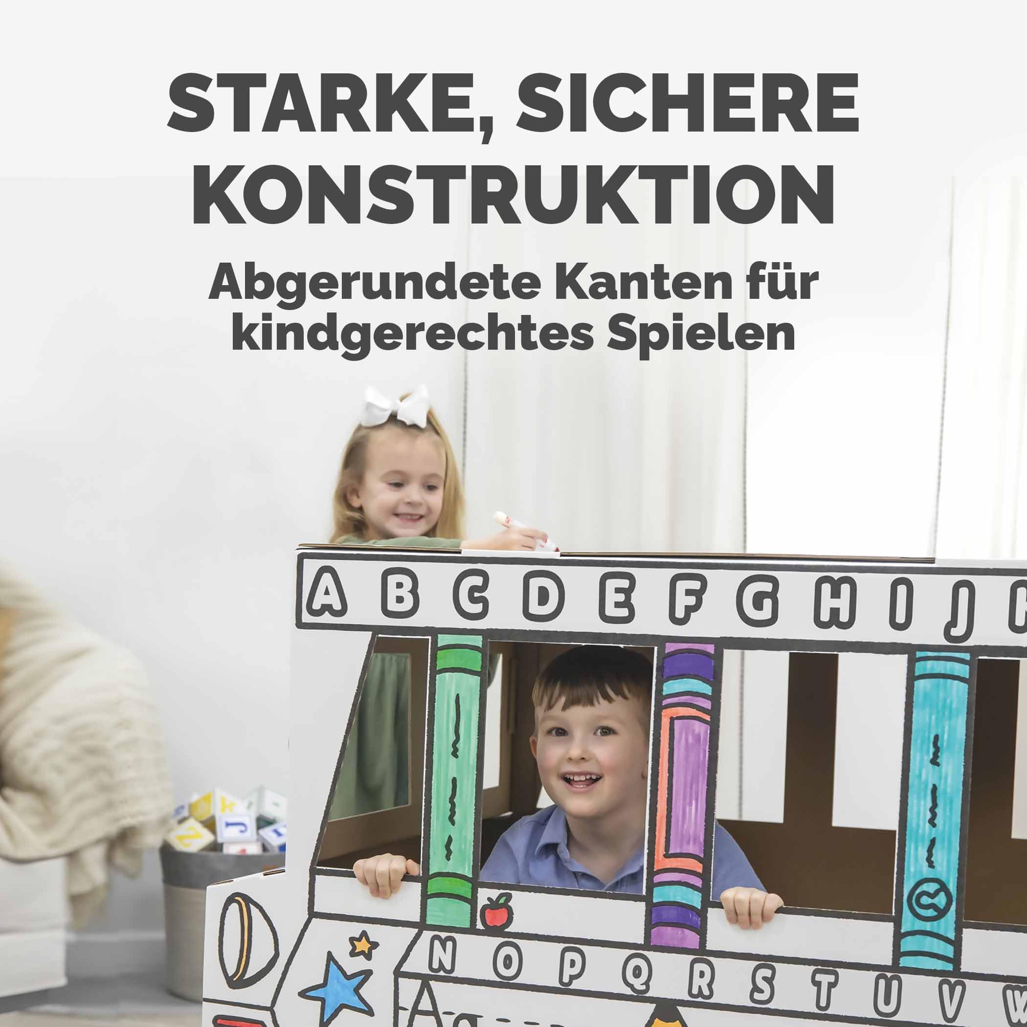 BANKERS BOX Colour-In School Bus Cardboard Playhouse für Kinder (114,3 x 78,74 x 83,82cm) - Craft Activity mit Türen & Sonnendach - Einfache Montage - FSC Zertifiziert, 100% recycelbar - Alter 3+