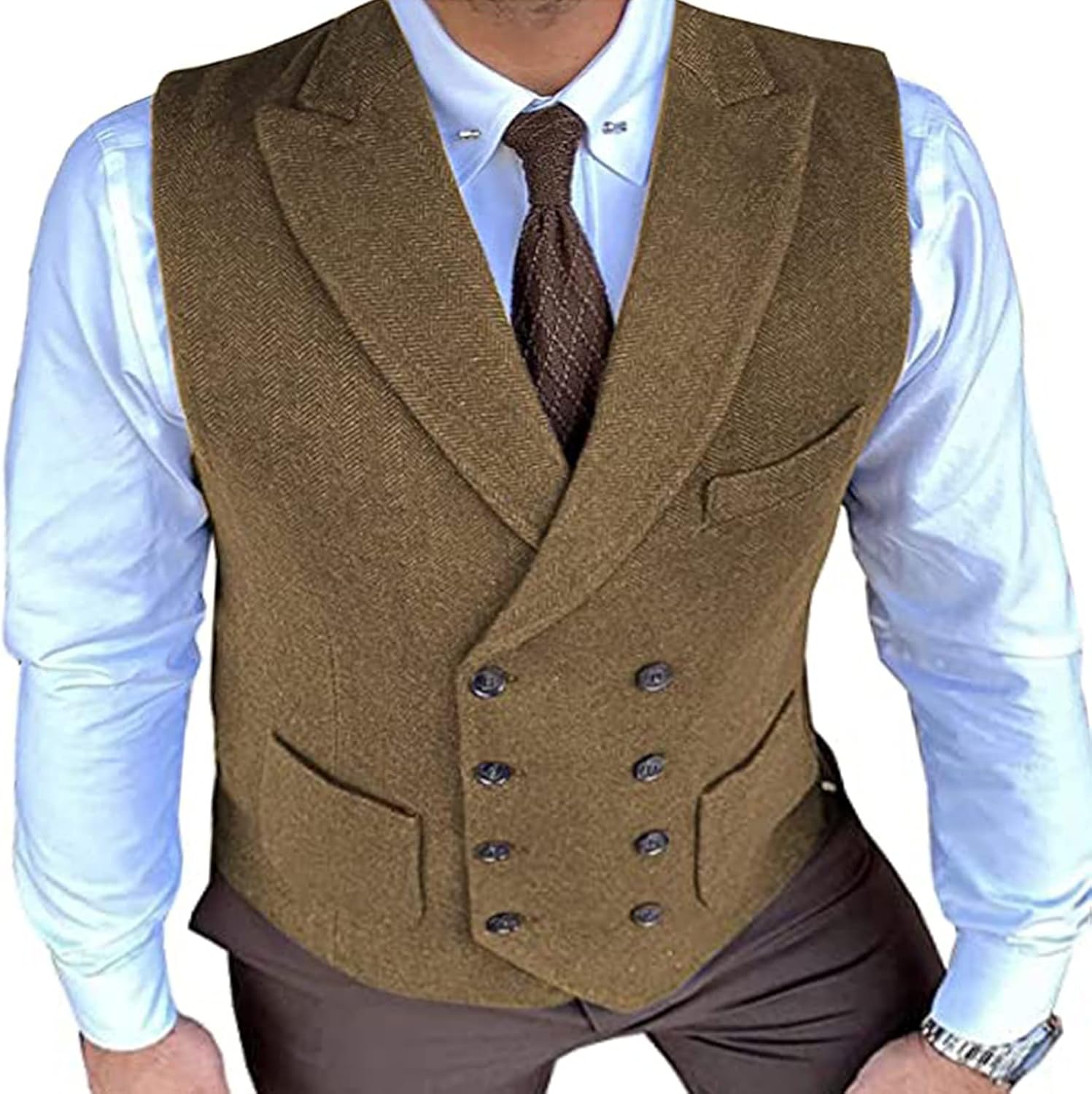 Men's Double Breasted Herringbone Tweed Waistcoat Vintage Lapel Business Wedding Suit Vest for Tuxedo Suit (Color : Green, Size : 5X-Large)