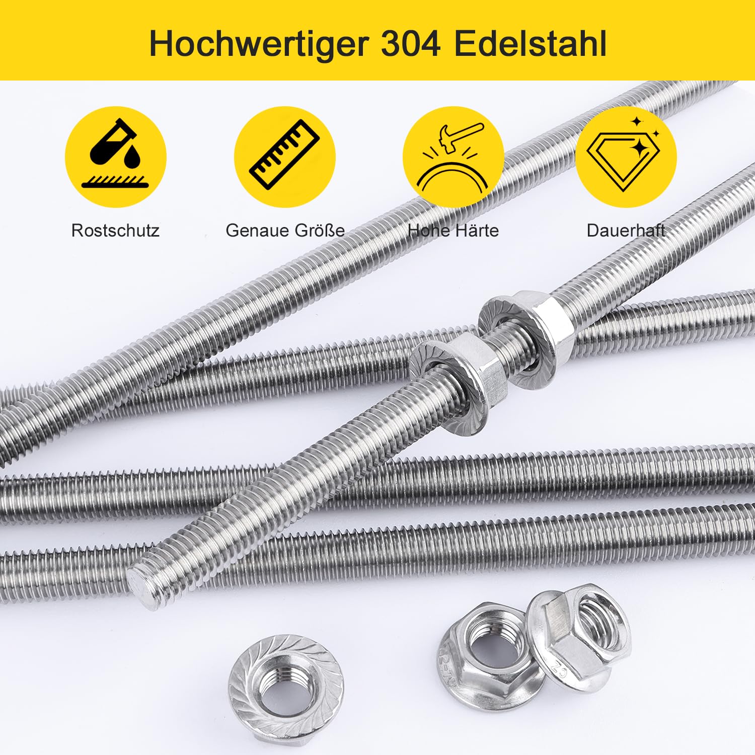 6 Stück Gewindestangen M6 M10 300mm - Edelstahl Mit Muttern & Unterlegscheiben