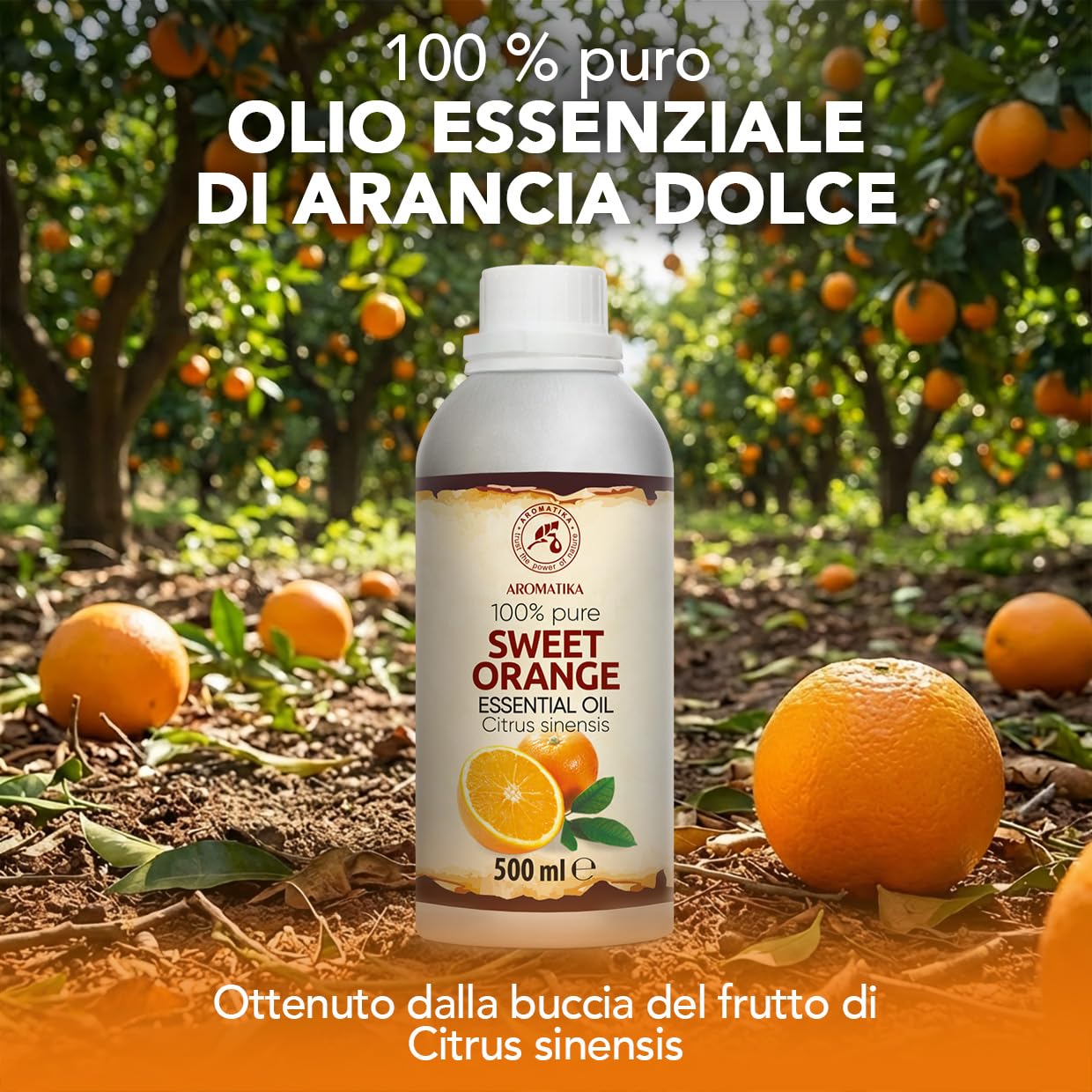 Olio Essenziale di Arancia Dolce 500 ml - Citrus Sinensis - Naturale e Puro - Olio di Arancia per Diffusori - Profumi per la Casa - Saponi e Candele - Sauna - Aroma di Agrumi - Aromaterapia