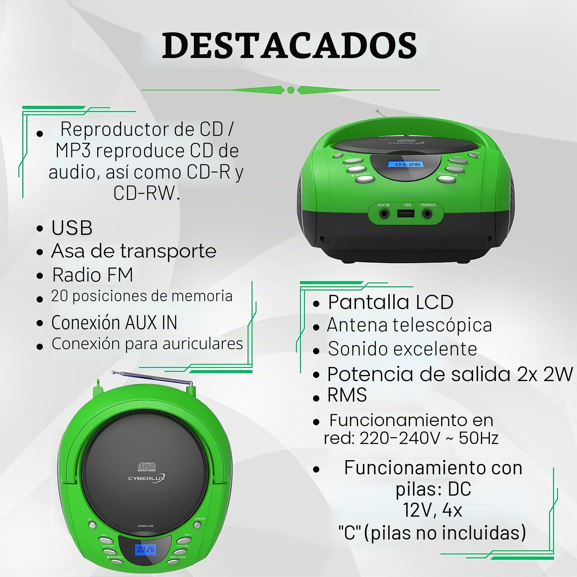 Boombox portátil | CD/CD-R | USB | Reproductor de Radio FM | Entrada AUX | Conector para Auriculares | Radio Infantil | Sistema estéreo | Sistema Compacto (Golo Green)