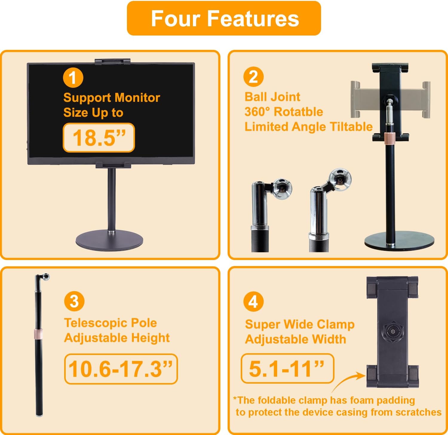 Portable Monitor Stand Tablet Stand for Desk Kindle Holder with Metal Disk, Telescopic Pole and Super Wide Clamp Portable Monitor Mount 15.6 inch 18.5 inch FL12C