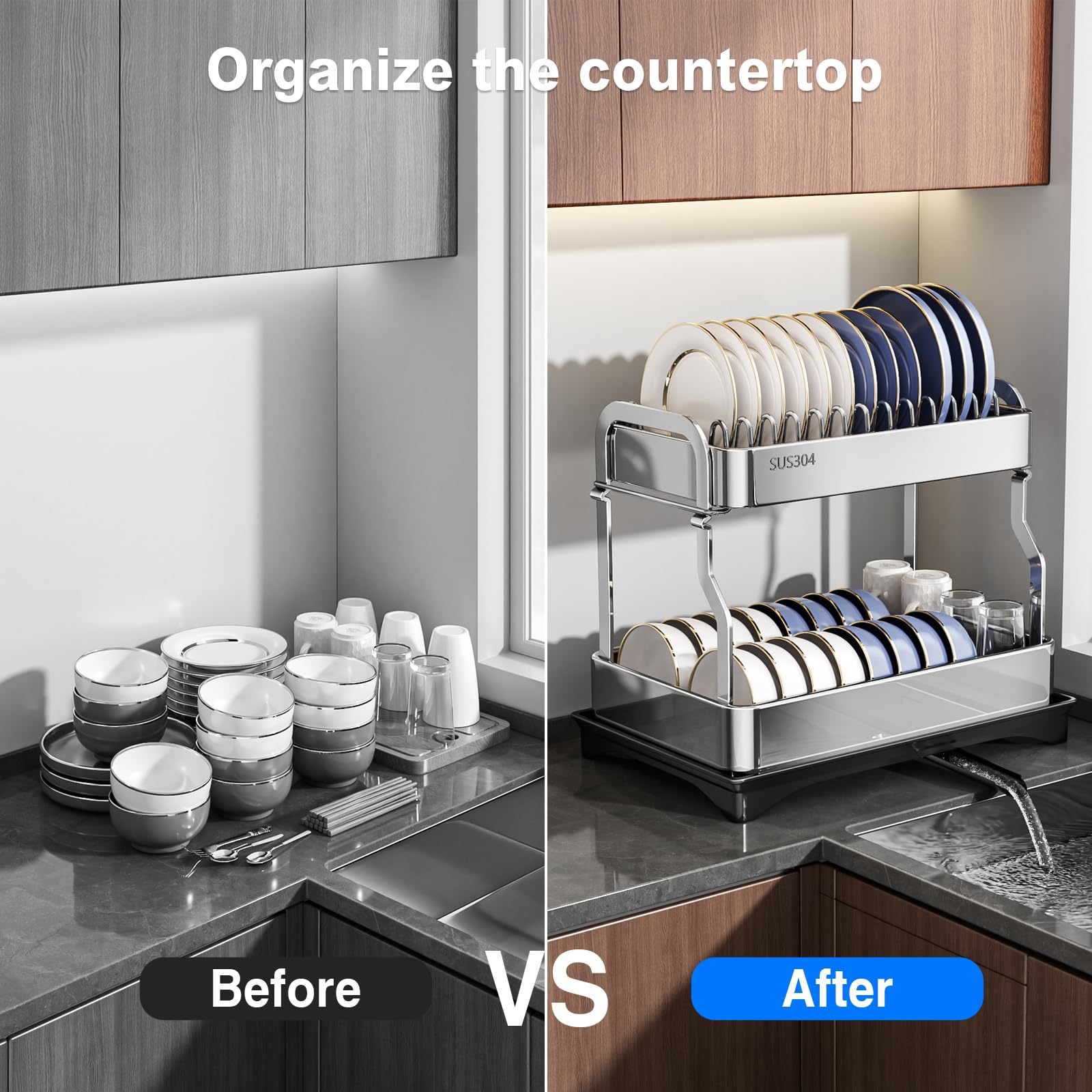 Mustorn escurreplatos, escurridor de Platos para Fregadero escurreplatos Acero Inoxidable Bandeja escurreplatos Dish Drying Rack Incluye una Cesta para Cubiertos y un Soporte para Tabla de Cortar