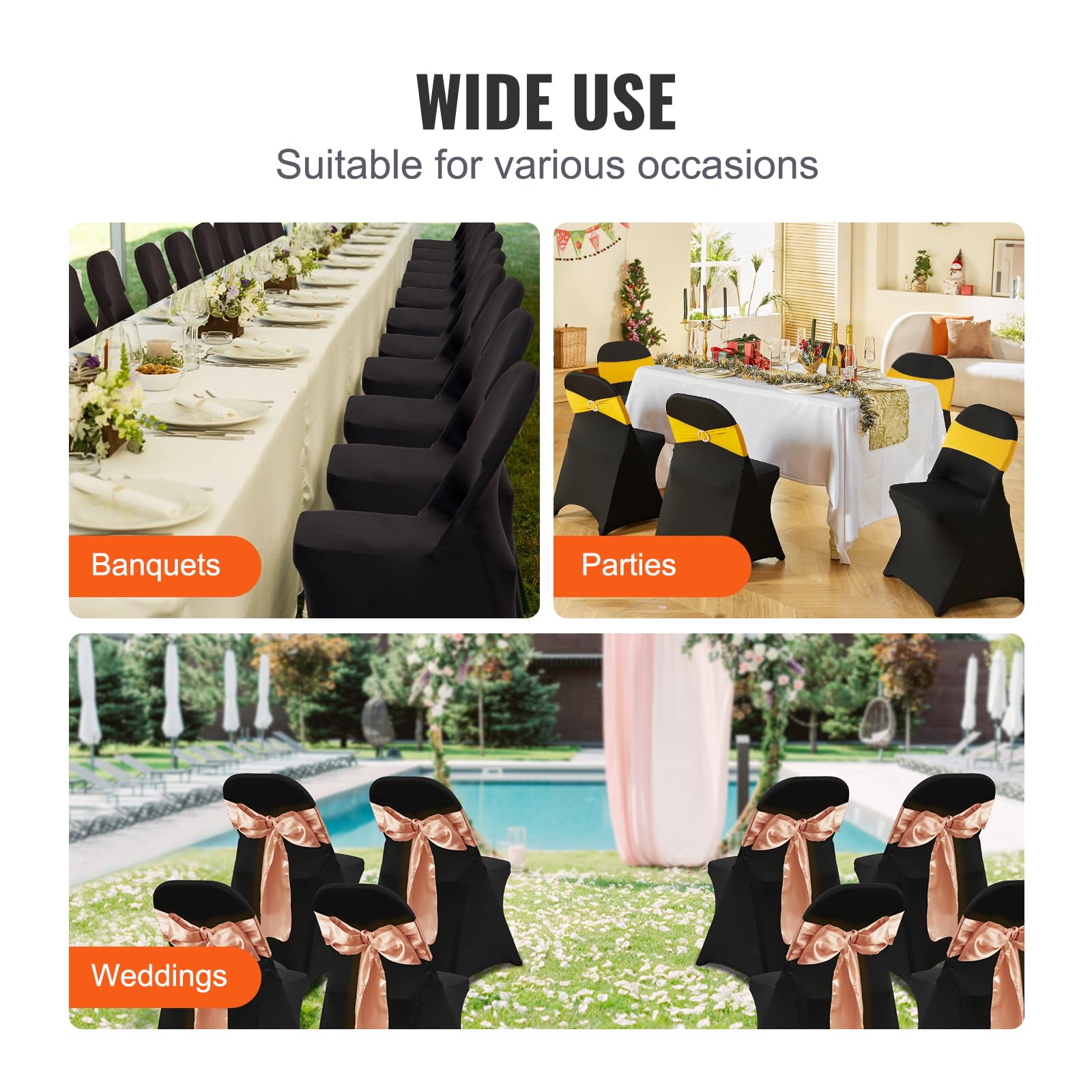 VEVOR Stuhlhussen aus Elastischem Spandex für Klappstühle, Universell Passender Stuhlbezug, Abnehmbare & Waschbare Schonbezüge, für Hochzeiten, Partys, Feiern, Essen (30 Stück, Schwarz)
