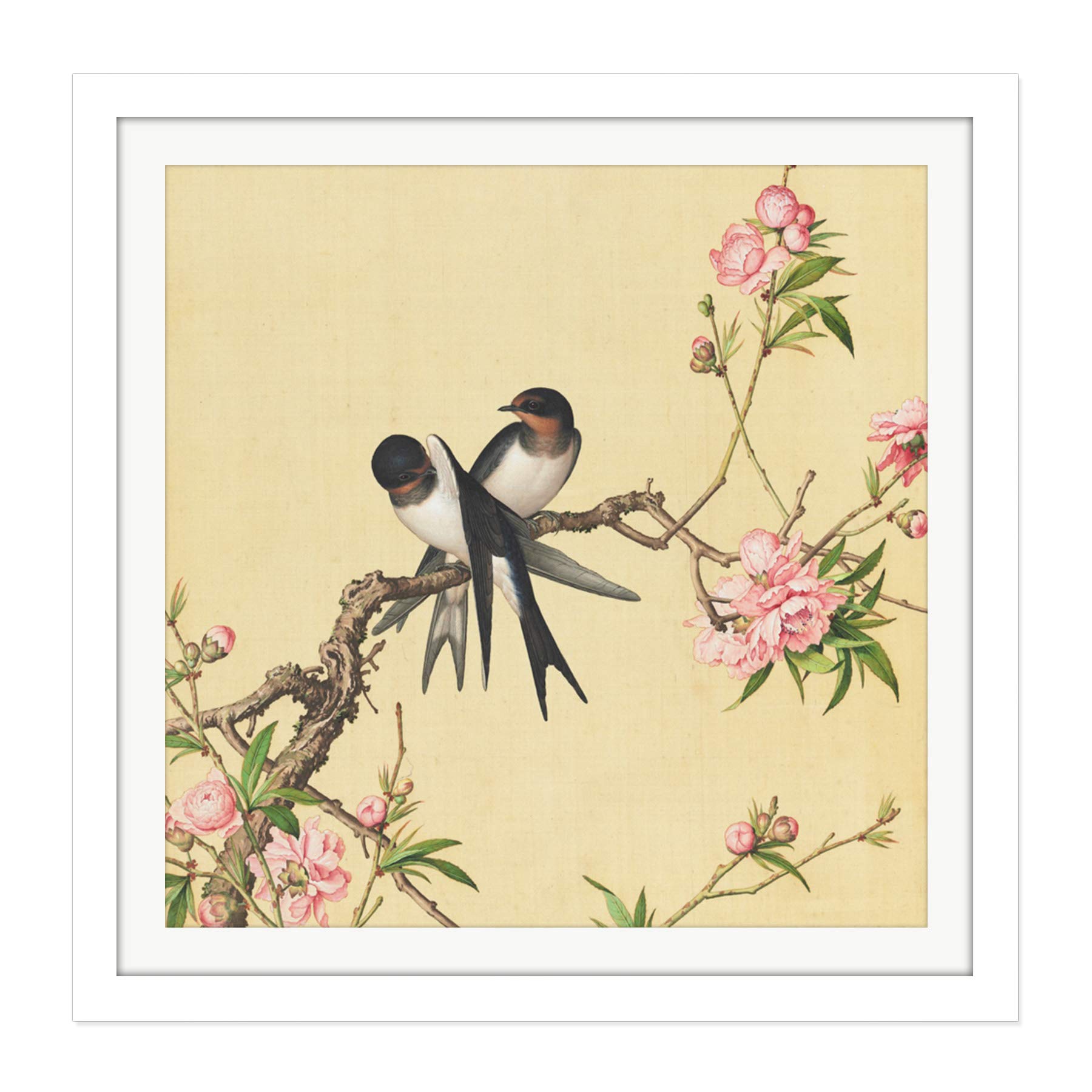 Castiglione Peach Blossom Birds Painting Square Wooden Framed Wall Art Print Picture 16X16 Inch