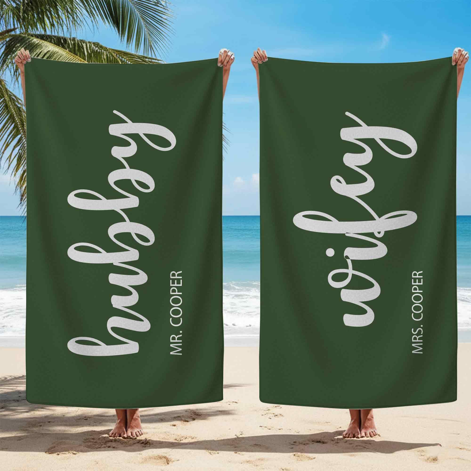 Print Maniacs Personalised Hubby and Wifey Beach Towel with Custom Name Microfibre Towel Large Quick Dry Lightweight Travel Towel Honeymoon Holiday Pool Gym Spa