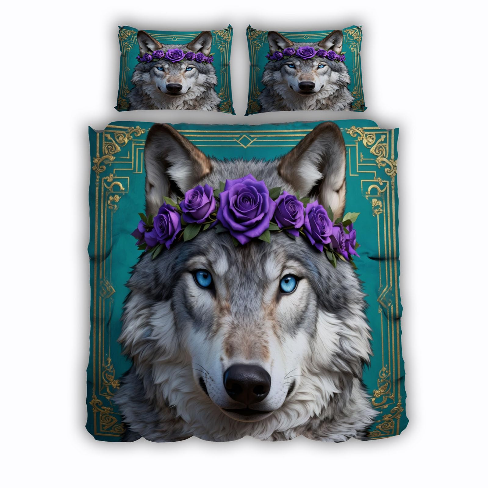 Housse de couette loup 220x240cm avec 2 taies 65x65 floral rétro en microfibre
