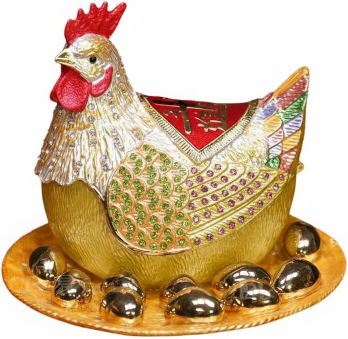 Milageto Jewelry Container Enamel Hen Figurine Jewelry Box Trinket Box Keepsake Box With Hinged Storage And Fu Insignia Alloy Case Suitable for bedroom room shelf office desk gift giving, Multicolor