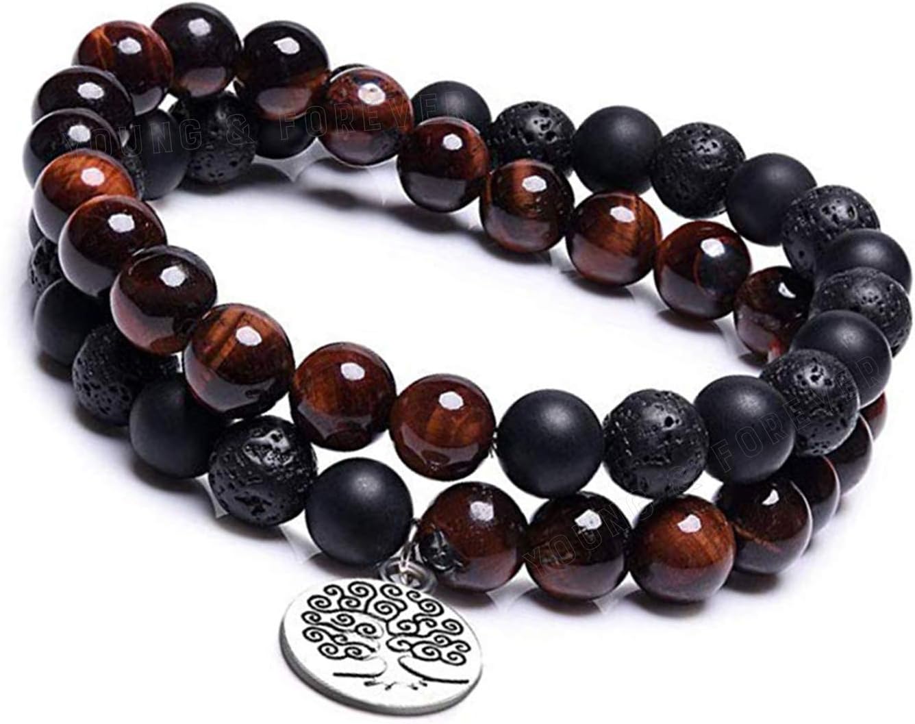 Young & Forever Gift D'vine Spiritual Natural Semi-Precious Red Tiger Eye Onyx and Lava Tree Of Life Charm Hum Reiki Rakhi Bracelet for Men and Women