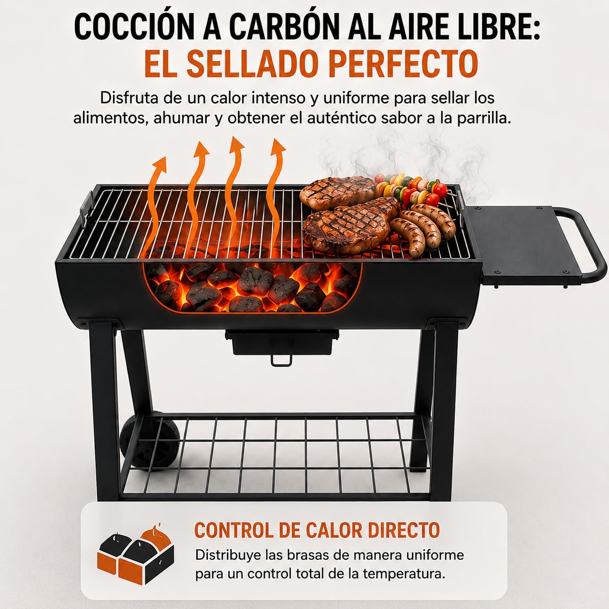 Barbacoa de Carbón con Ruedas y Bandeja Recogecenizas – Parrilla de Acero con Recubrimiento Resistente, Superficie Amplia, Estante Inferior, Mesa Lateral y Patas Antideslizantes para Jardín y Terraza