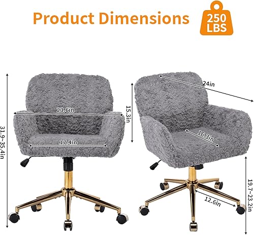 Miniatura 10 de YWUFUART Silla de oficina tapizada de terciopelo con botones capitoné gris con base de metal dorado, silla de escritorio ajustable giratoria