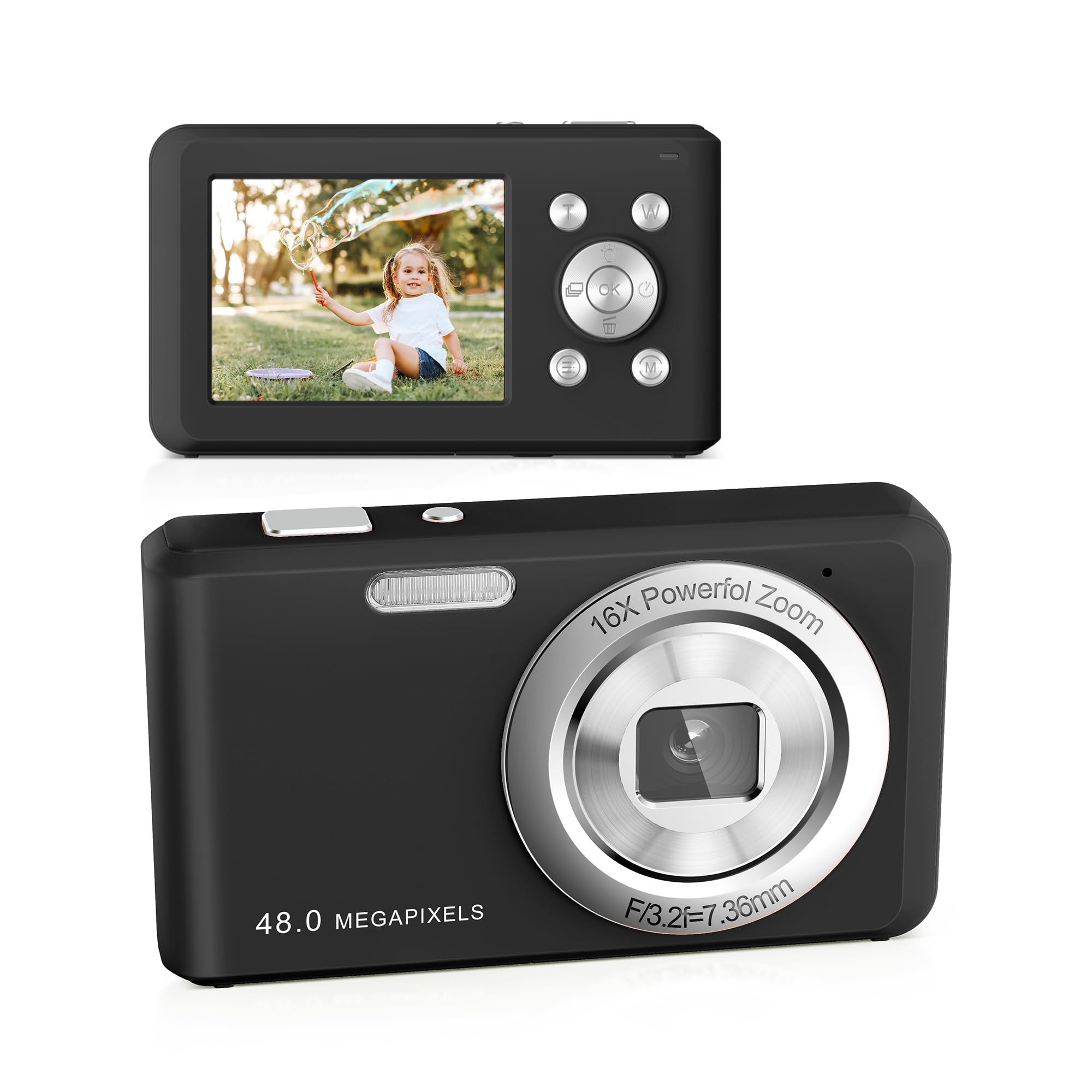 Fotocamera Digitale, HD 1080P con Scheda di Memoria da 32 GB, Fotocamera da 48 Megapixel, LCD da 2,4 Pollici con Zoom Digitale 16x per Ragazze, Adolescenti, Ragazzi e Principianti (Nero)