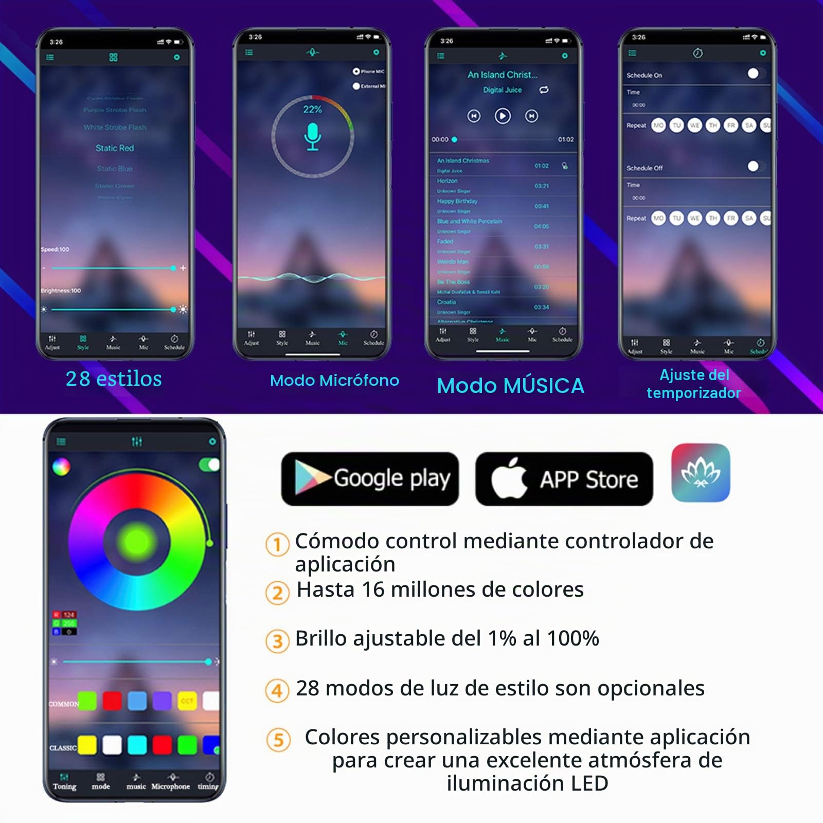 Tira de luz interior LED para coche, 16 millones de colores 5 en 1 con fibra óptica de 236 pulgadas,kit de iluminación ambiental de atmósfera activa de sonido RGB para automóvil-Control de aplicación