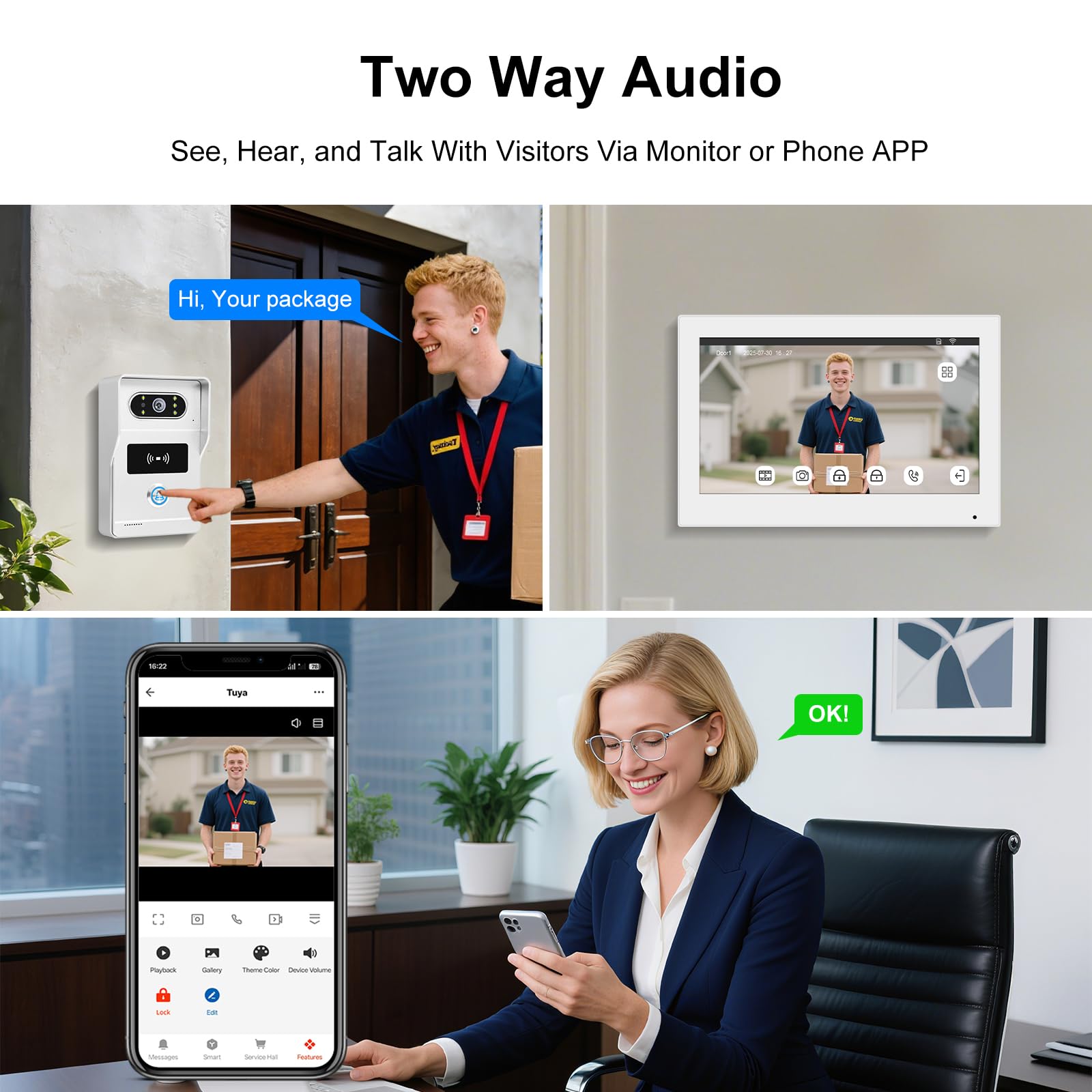Tuya - Campanello WiFi con tecnologia a 2 fili, trasmissione video e audio da 2 MP, sblocco scheda RDID, visione notturna a 120° e facile installazione, 1 casa di famiglia