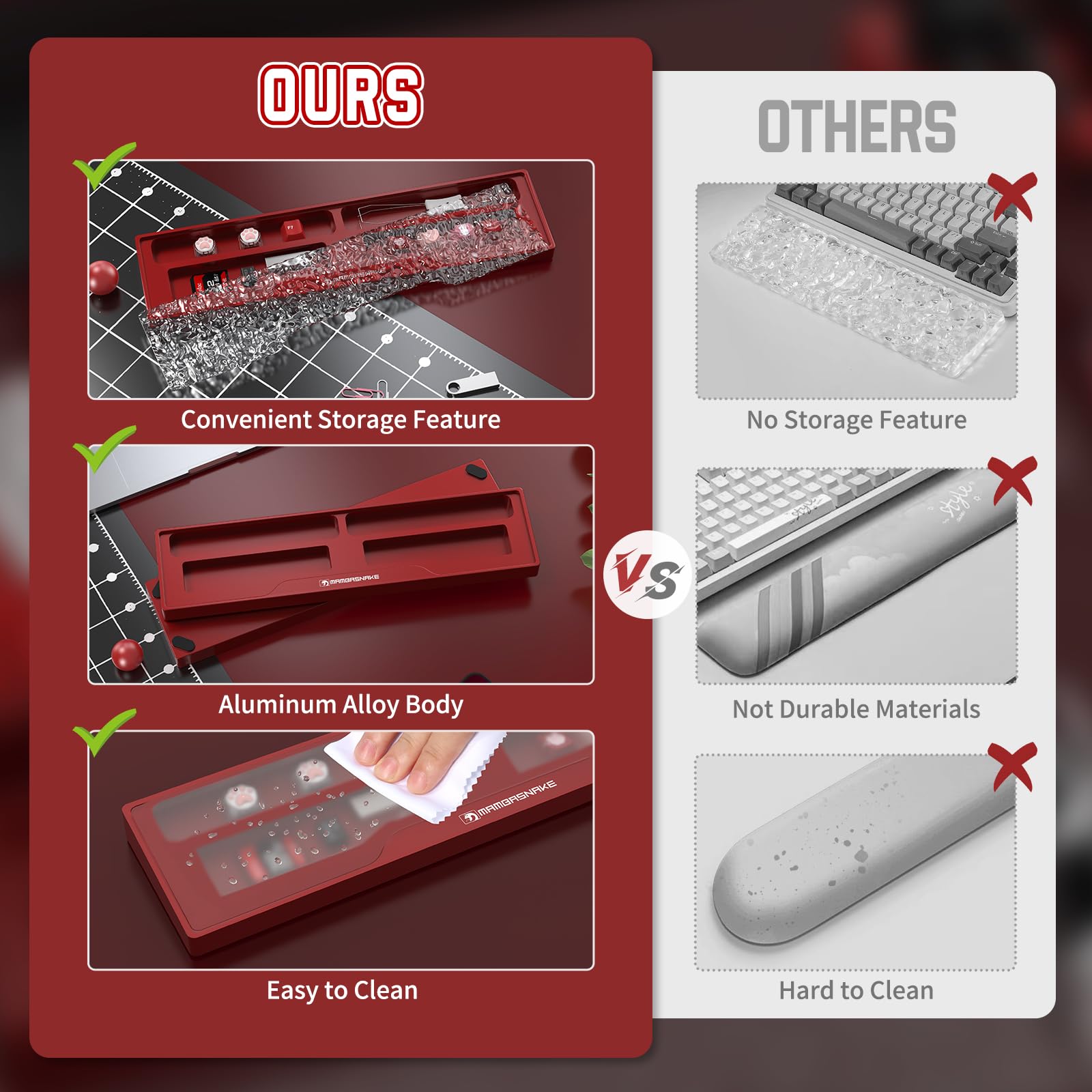SELORSS MANBASNAKE Repose-poignet pour clavier mécanique en alliage d'aluminium CNC à 68 touches, avec étui de rangement, 2 coques supérieures en acrylique, support ergonomique antidérapant pour
