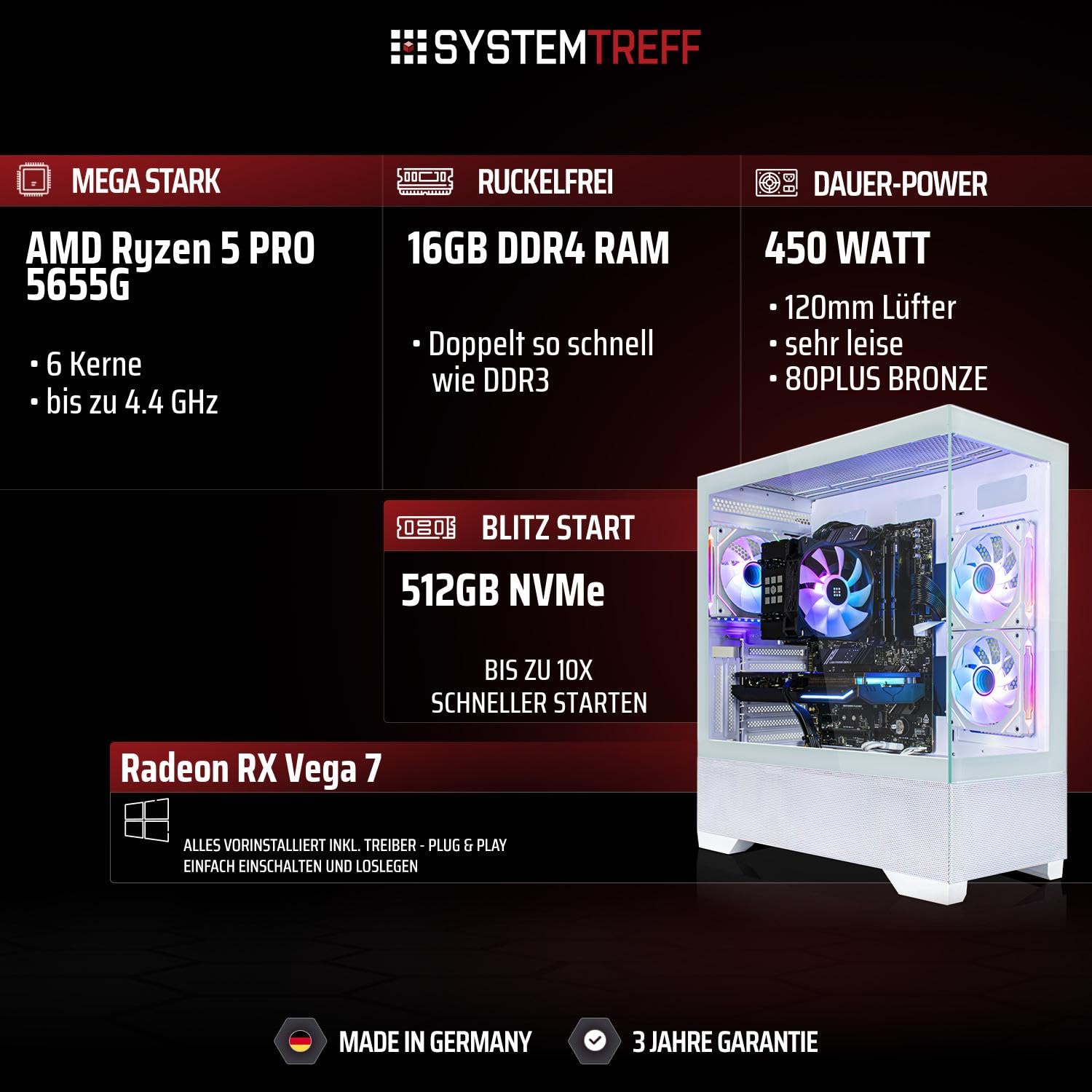 SYSTEMTREFF Basic Gaming PC - AMD Ryzen 5 PRO 5655G - 16GB RAM - 512GB M.2 | AMD 6-Kern CPU bis 4.4 GHz, Radeon RX Vega 4K HDMI, WLAN, Windows 11, für Gaming, Streaming