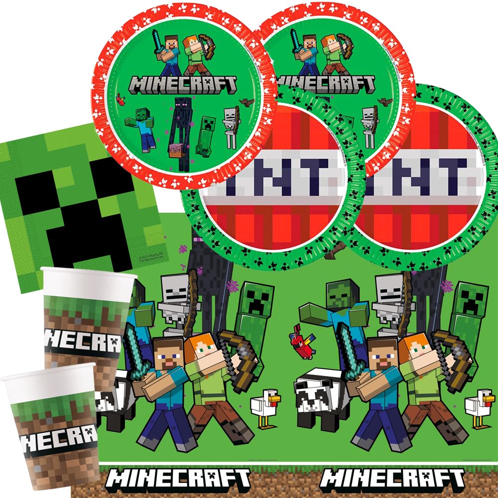 Procos Set Festa Minecraft 37 Pezzi Piatti di Carta, Bicchieri di Carta, Tovaglioli, Tovaglia per Compleanno Bambini