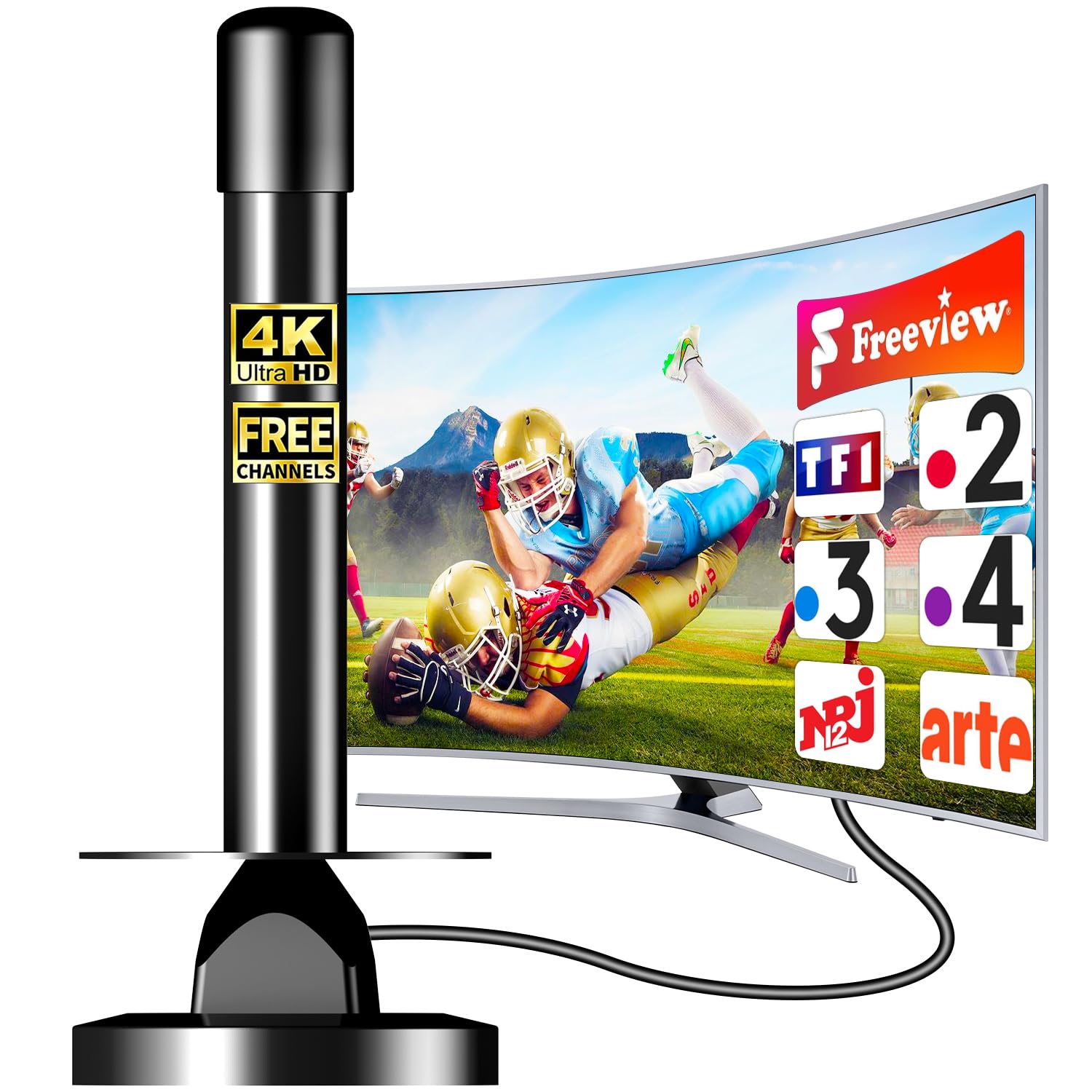 Potente antenna TV interna – Antenna TNT HD 4K a lunga portata, ricezione a 360° stabile e fluido, antenna TV digitale compatibile DVB-T/T2 con cavo coassiale 5 m (K-FR-250-02-260521)