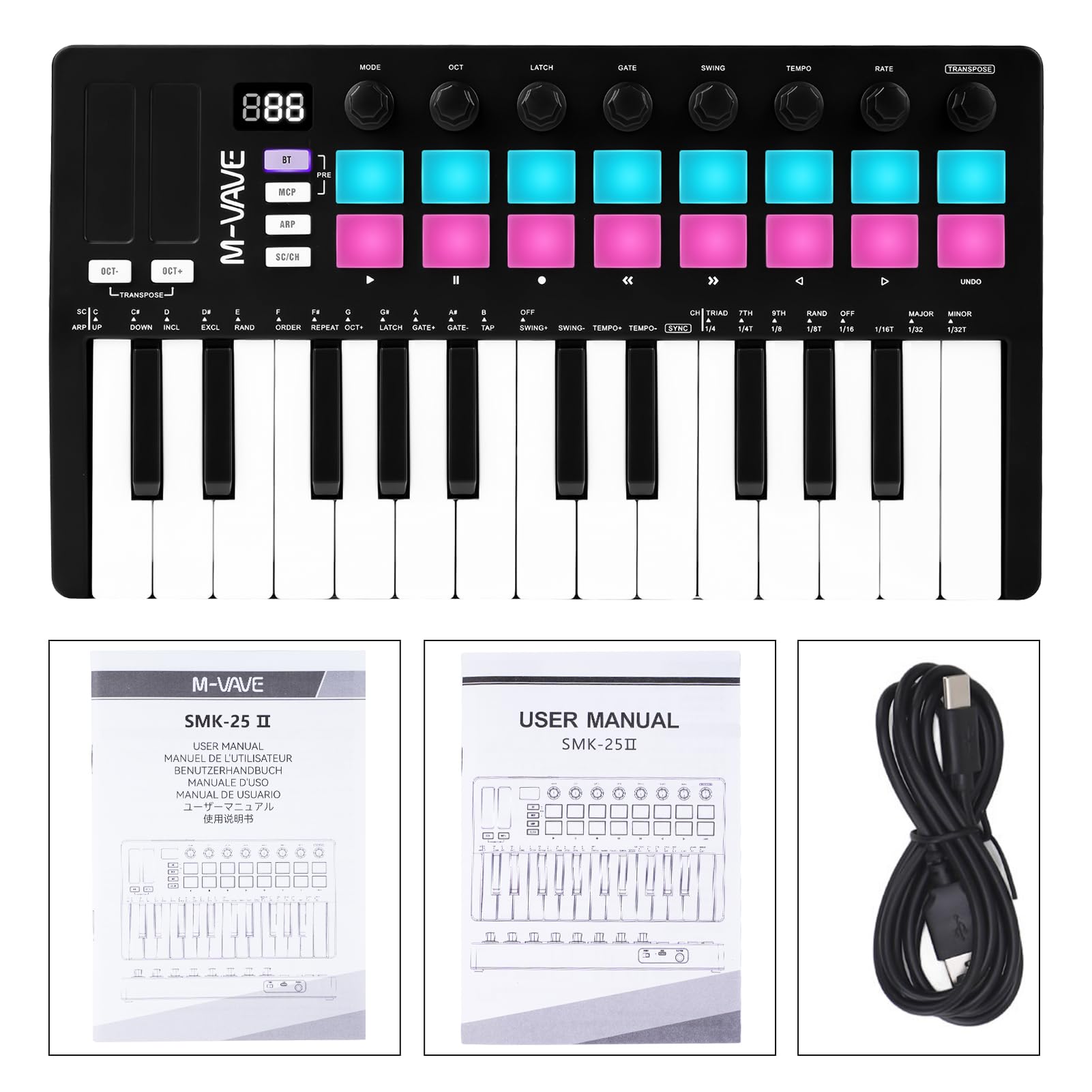 M-VAVE Teclado Controlador MIDI, teclado MIDI mejorado, portátil recargable, de almohadilla RGB, SMK-25II, negro y blanco, batería incorporada