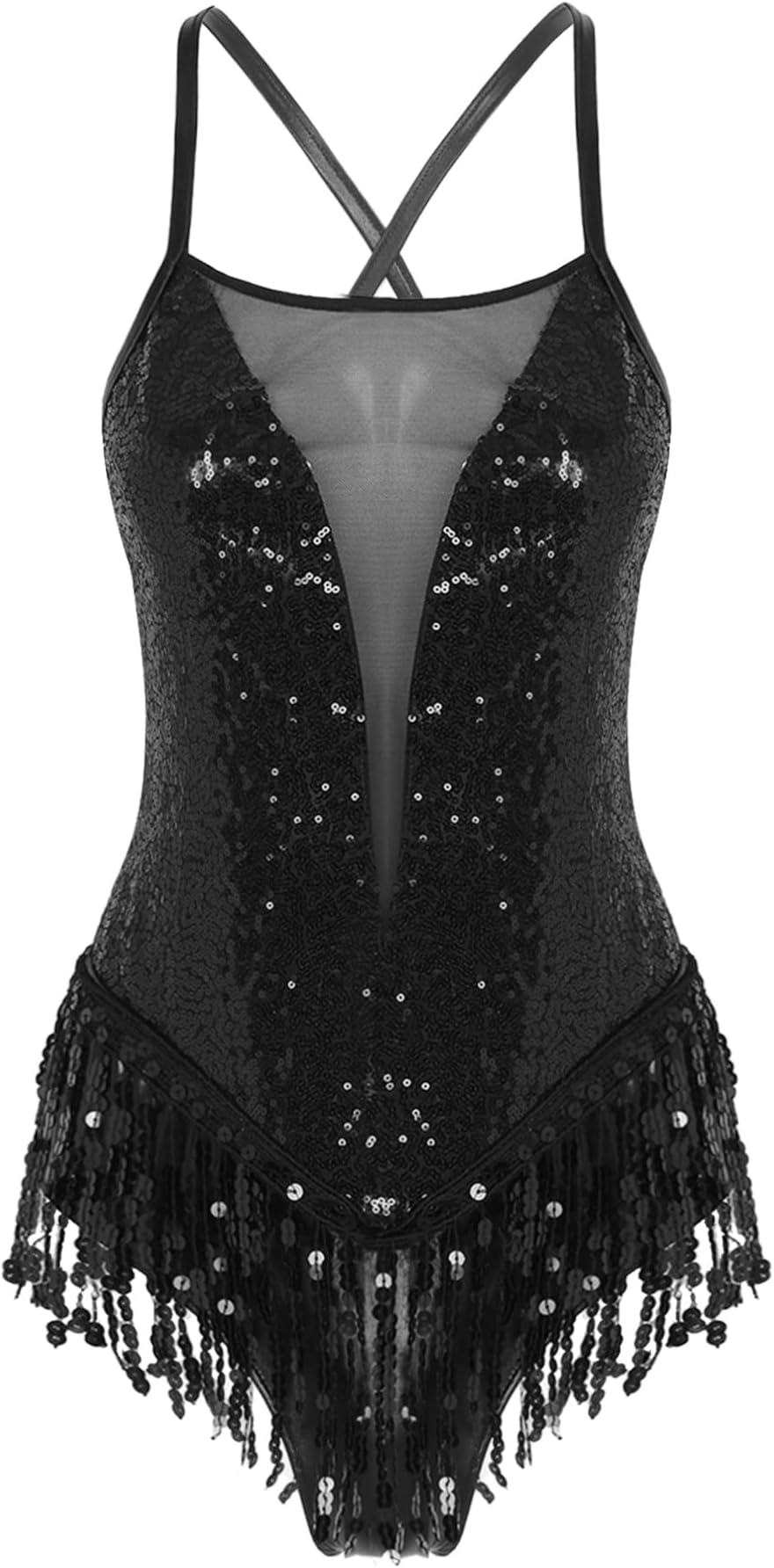 iiniimShiny Sequin Leotards for Women One Piece Tassel Fringe Bodysuit Ballroom Latin Jazz Dance Costume