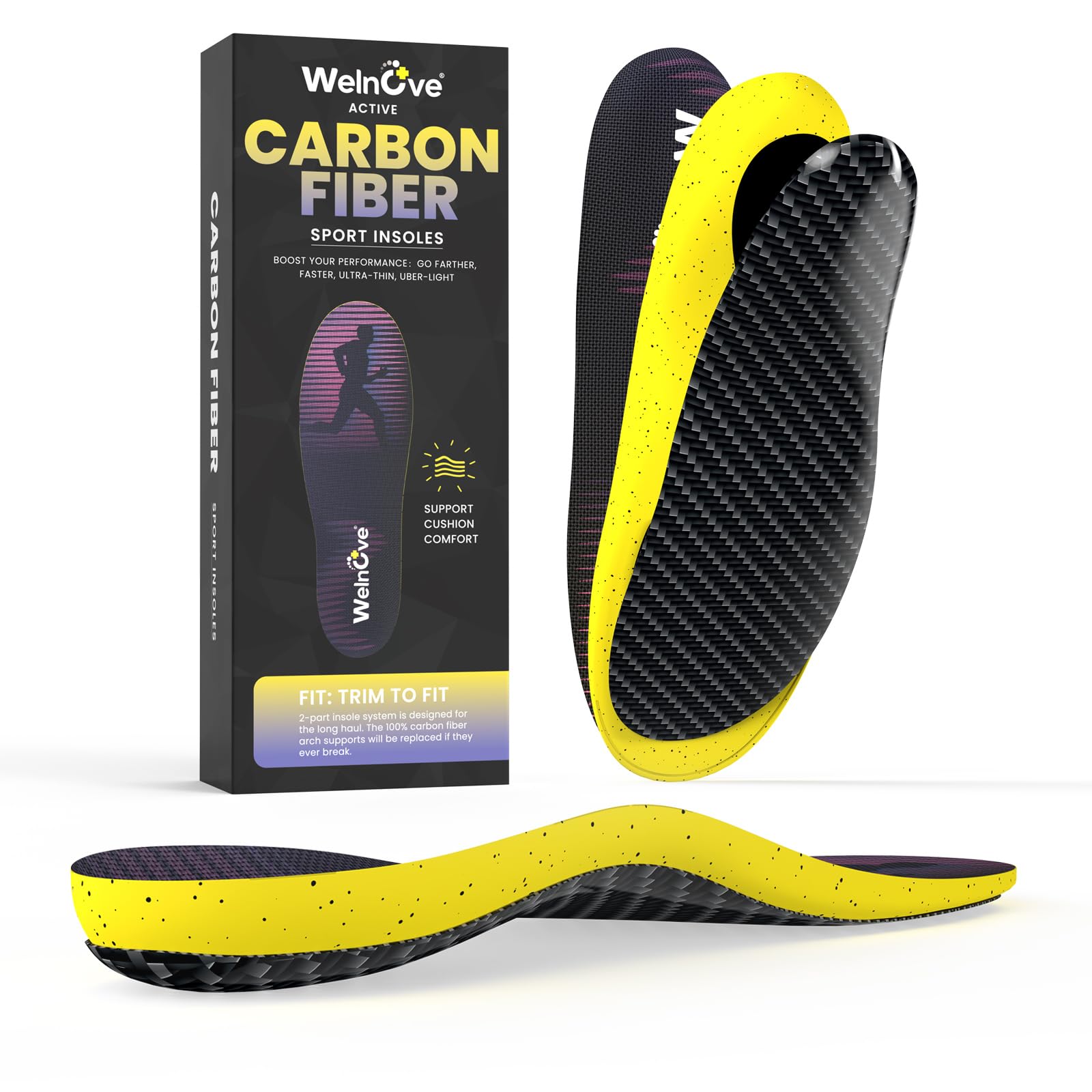 Welnove Detachable Carbon Fiber Insoles - Aerospace-Grade Carbon Fiber - Lightweight - Breathable Fabric - High Arch Support - Running, Pickleball,