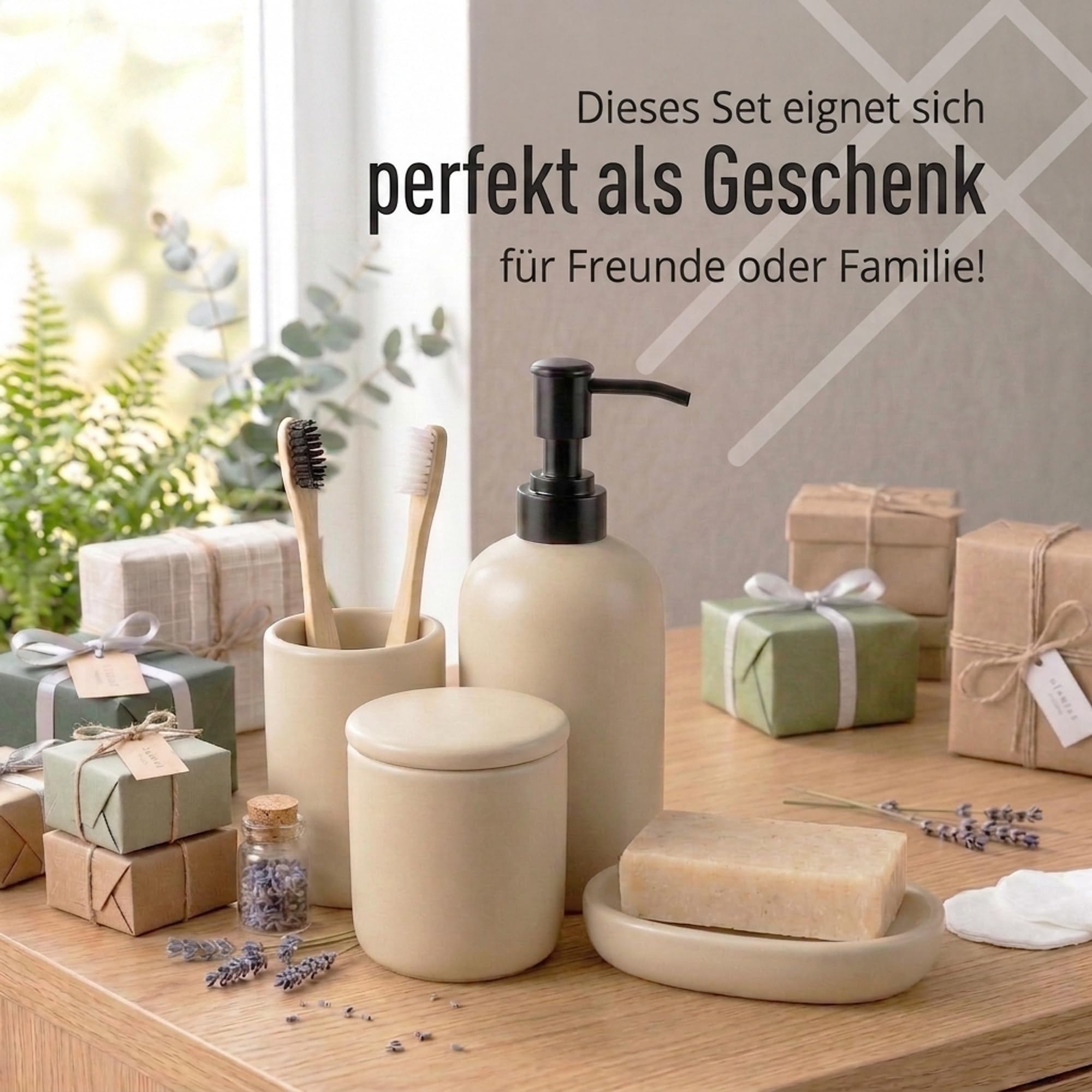 Keramik Badezimmer Organizer Set - 4 Teilig | Seifenspender, Zahnbürstenhalter, Seifenschale & Wattestäbchen-Behälter | Modernes Skandinavische Design | Minimalistisches Badezimmer Accessoire | Beige