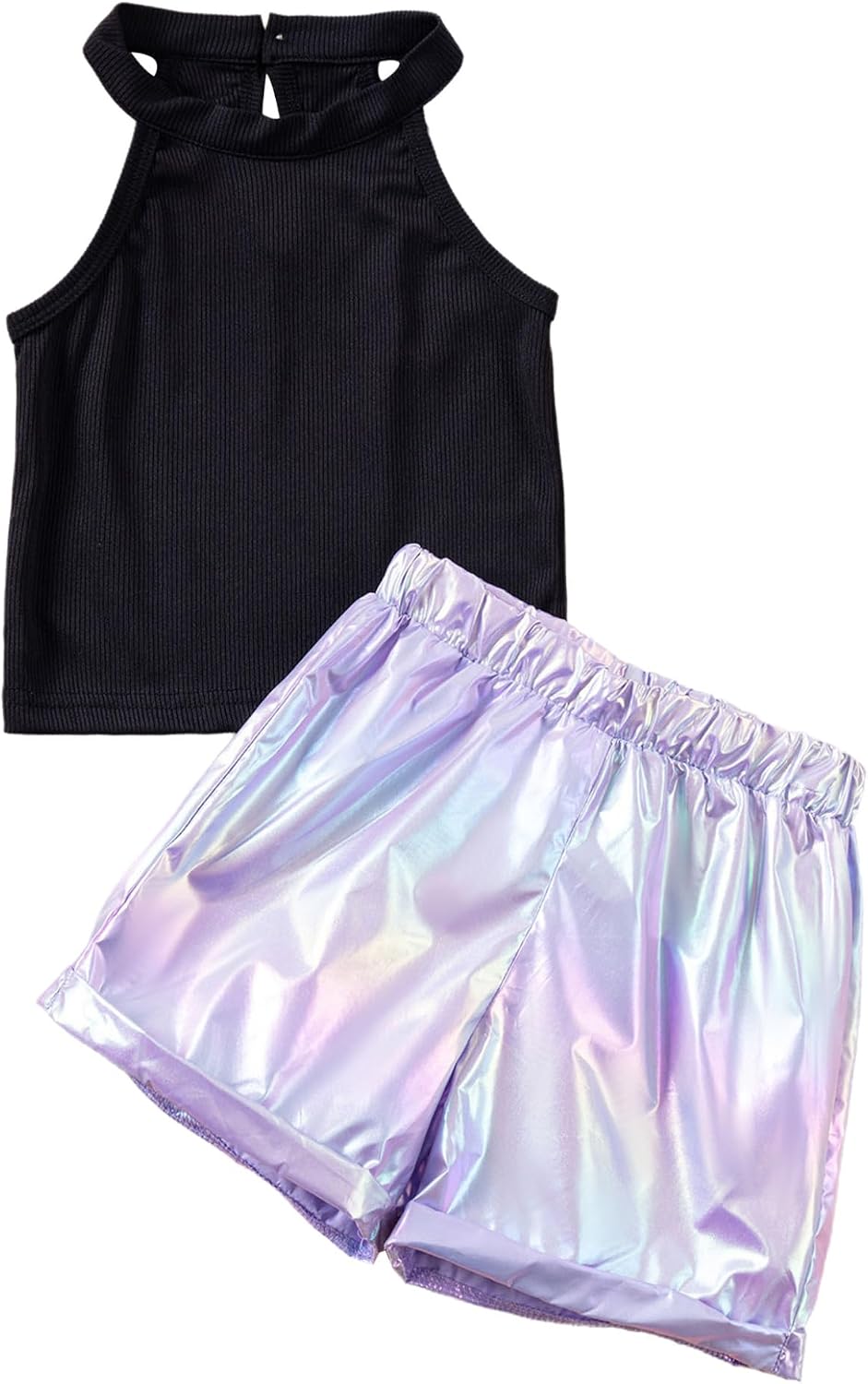Shinsto Girls Outfit Sets Crop Top Metallic Shorts Combo Stylish Summer Set for Sports Casual Daily Wear
