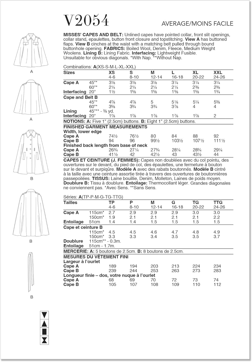 Vogue V2054A Misses' Unlined Capes and Belt Sewing Pattern Packet, Design Code V2054, Sizes XS-S-M-L-XL-XXL