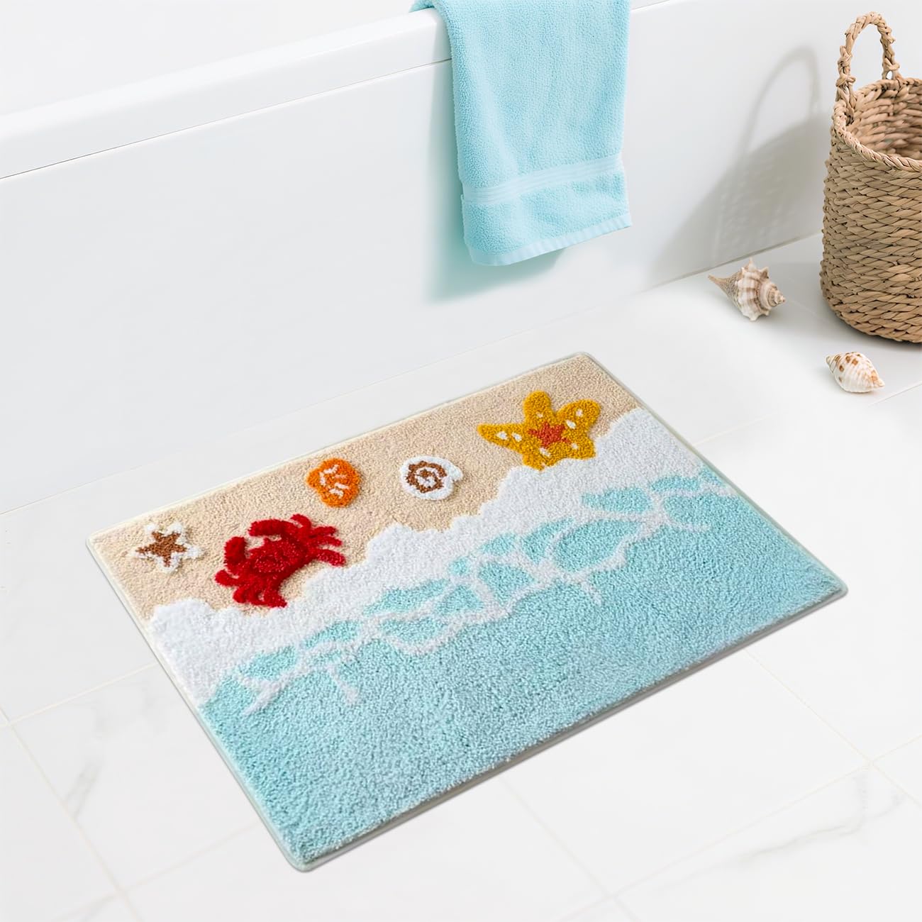Beach Bathroom Rugs Coastal Seashell Bath Mat Ocean Wave Crab Starfish Decor Carpet Tufted Soft Absorbent Quick Dry Bath Mats for Bathroom Non Slip Bathtub Shower Mat(Blue,20" x 32")