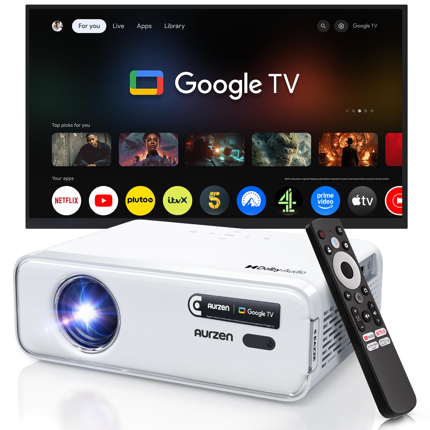 EAZZE D1G Official Google TV 4K Supported Smart Projector with WiFi & Bluetooth, Auto Focus & Keystone, Dolby Audio, Native 1080P Portable Mini Movie Projector for Home & Outdoor
