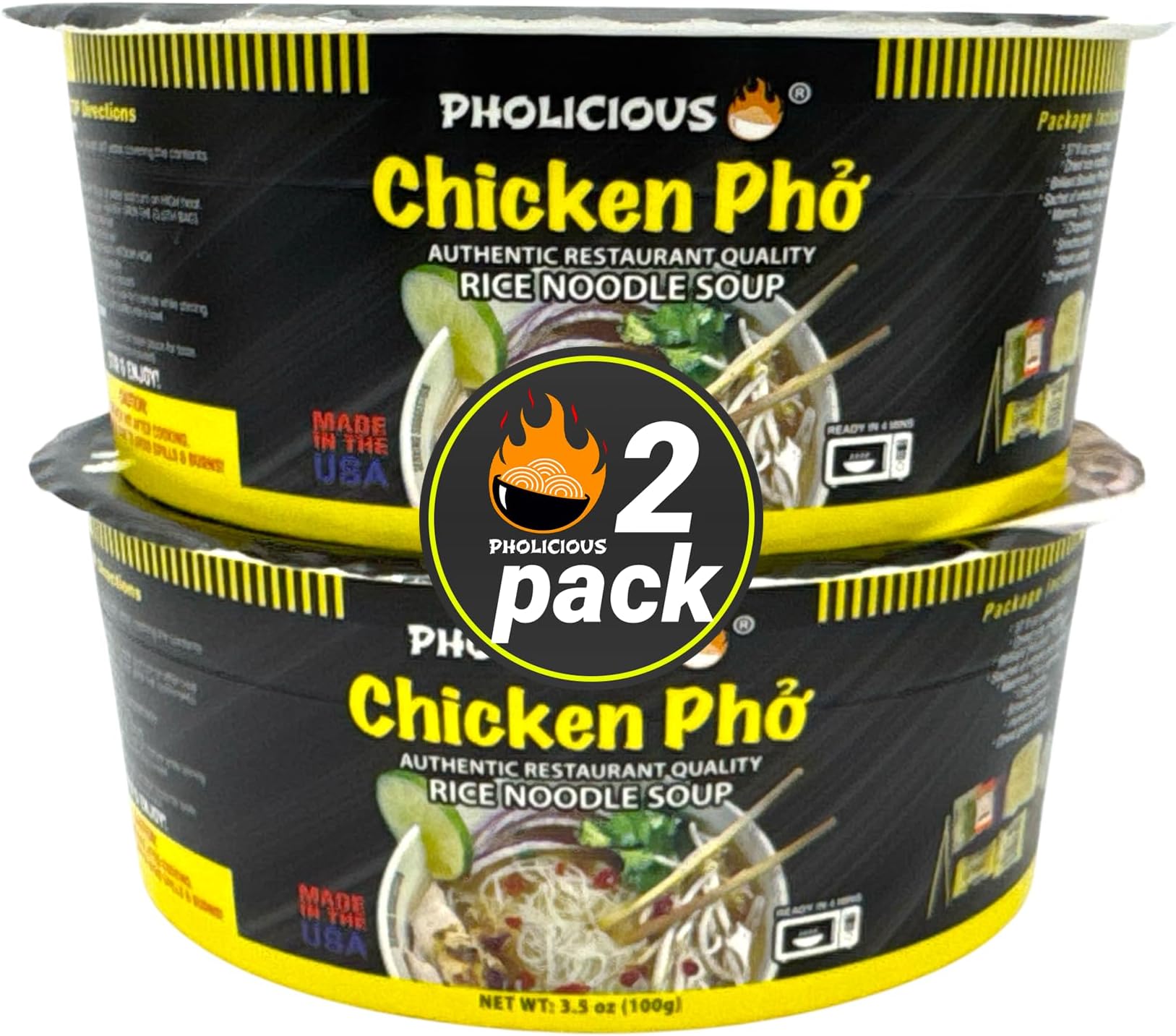 PhoLicious Instant Chicken Pho, Authentic Vietnamese Rice Noodle Soup Kit with Spices & Broth Mix, Ramen Noodles Alternative, Quick Microwave Meal - Pho Noodles Bowl - Chicken Flavor (2 Pack)