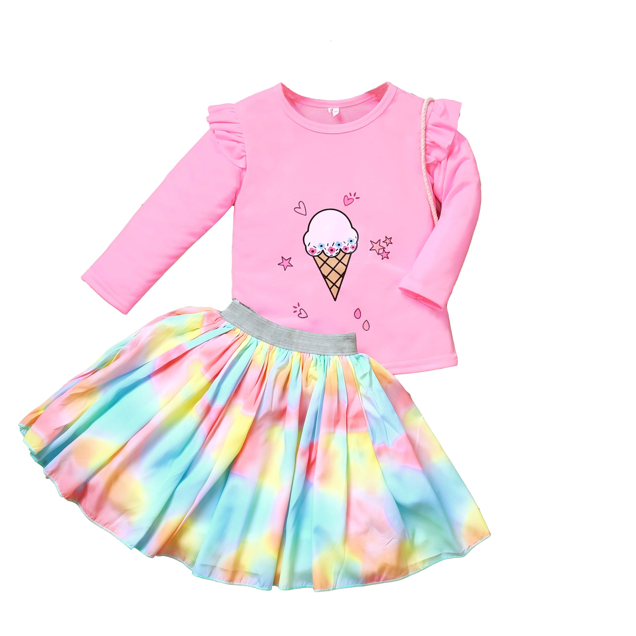 HIKUJ Set da bambina, in poliestere e cotone, a maniche lunghe, con stampa e gonna svasata, girocollo, maglietta grafica con elastico in vita, set di due pezzi