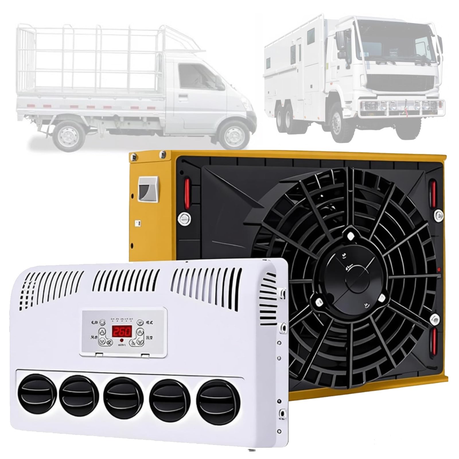 Quixnova 12V/24V Air Conditioner with Remote Control - Split AC Air Conditioner Electric AC Unit Truck Cab Air Conditioner Split for Semi Trucks Bus Caravan, Fast Cooling, Low Noise Yellow-12V