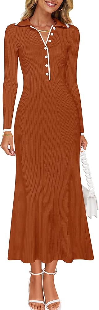 ZESICA Women's Long Sleeve Sweater Dress 2026 Fall V Neck Ribbed