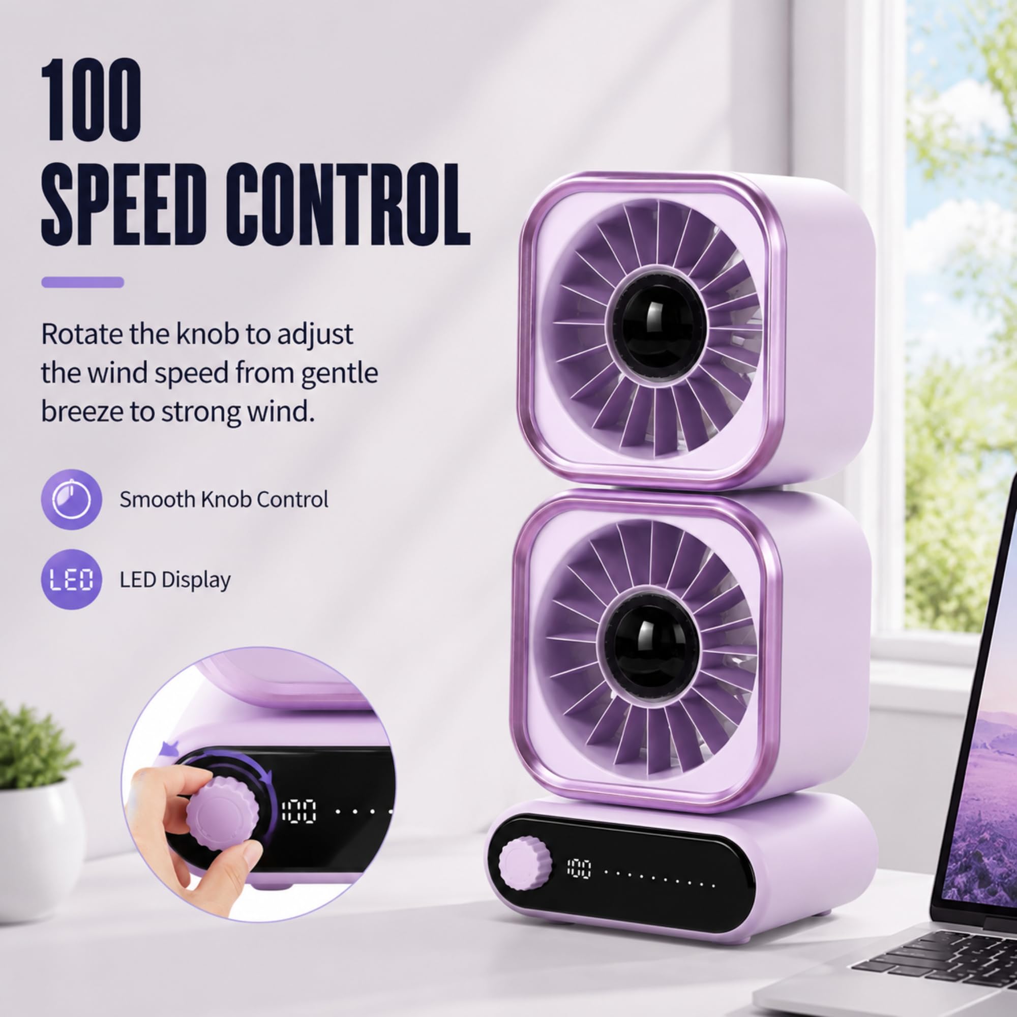 Ventilador de Escritorio de Doble Cabezal, Ventilador Recargable USB, Batería de 4000 MAh, 100 Velocidades Ajustables, Funcionamiento Silencioso, Rotación de 360 ​​grados,