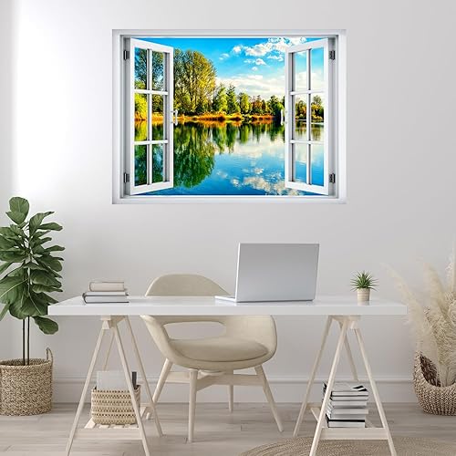 Miniatura 3 de wall26 Adhesivo de pared extraíblemural de pared, vista de ventana, rústico, cielo nublado, árbol, lago, reflejo de naturaleza, desierto,
