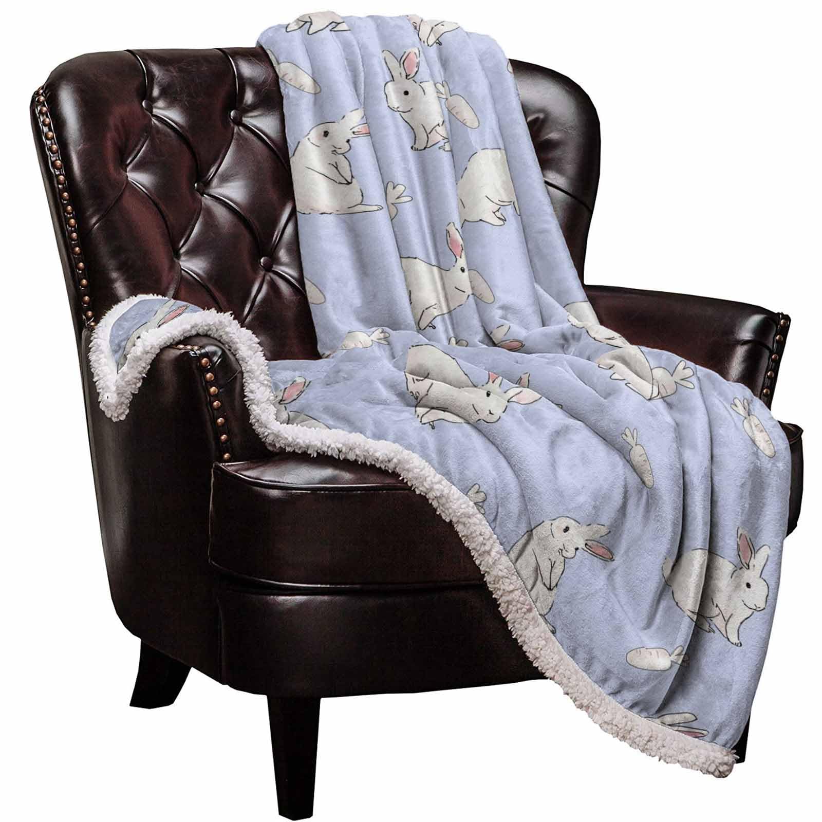 Easter Rabbit Sherpa Fleece Blanket, Cute White Bunny Carrots Blue Background Soft Cozy Blanket 40''x50'' - Fuzzy Thick Reversible Super Warm Fluffy Plush Microfiber Throw Blanket for Couch