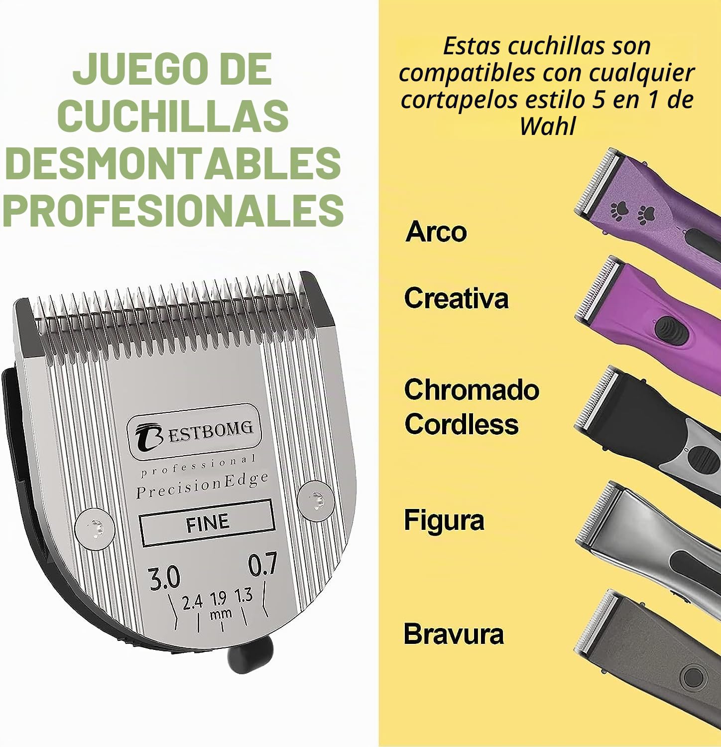 BESTBOMG Cuchillas profesionales 5 en 1 para perros con longitud de corte ajustable de 0,7 a 3 mm, compatible con Wahl Arco, Bravura y Moser Arco 1870/1871/1872/1873/1854, 2 unidades