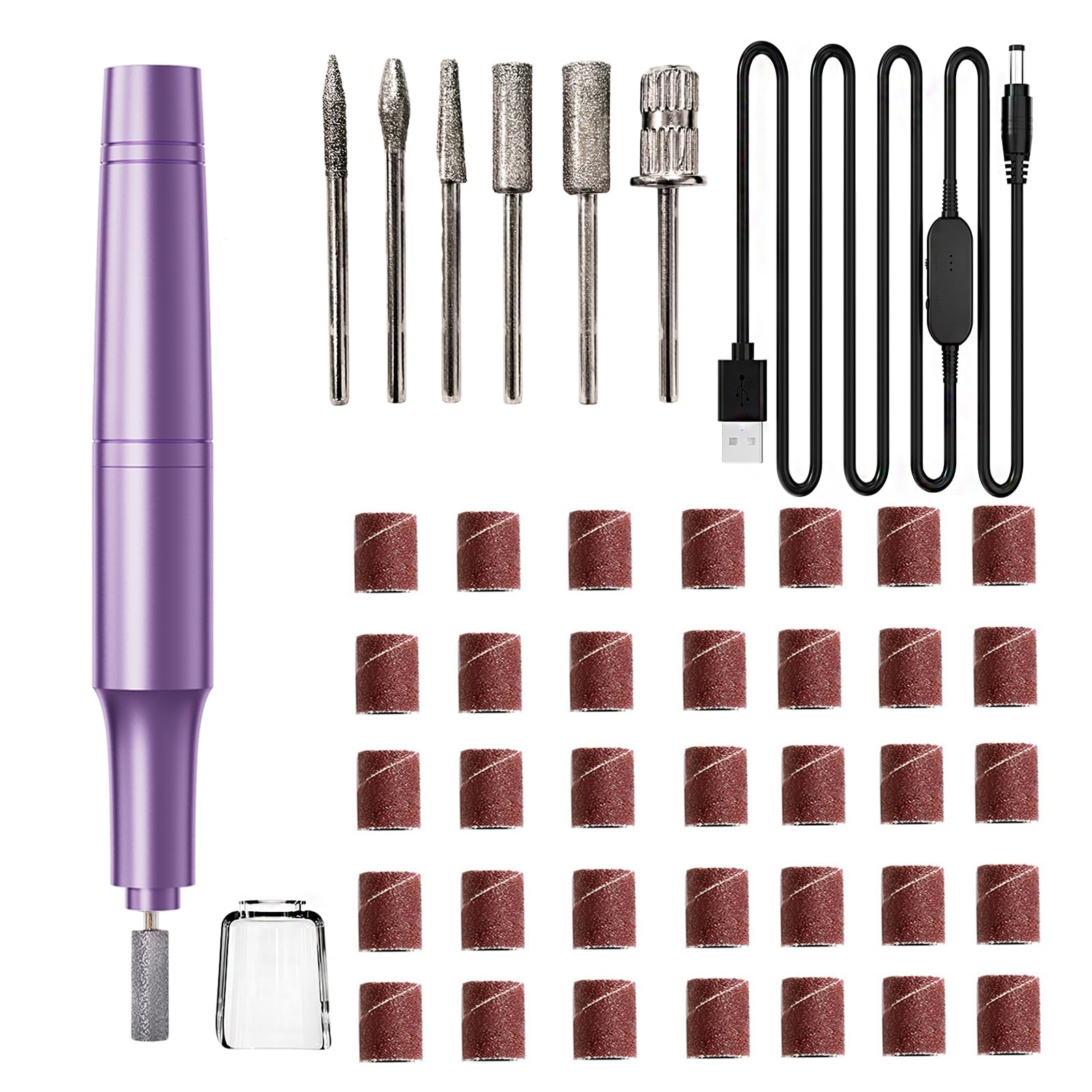 Elektrisches Nagelbohrer-Set für Acryl- und Gelnägel, professionelle schnurgebundene Nagelfeile mit Bits und Schleifbändern, tragbares Maniküre-Pediküre-Werkzeug zum Polieren, Formen, Peeling (lila)