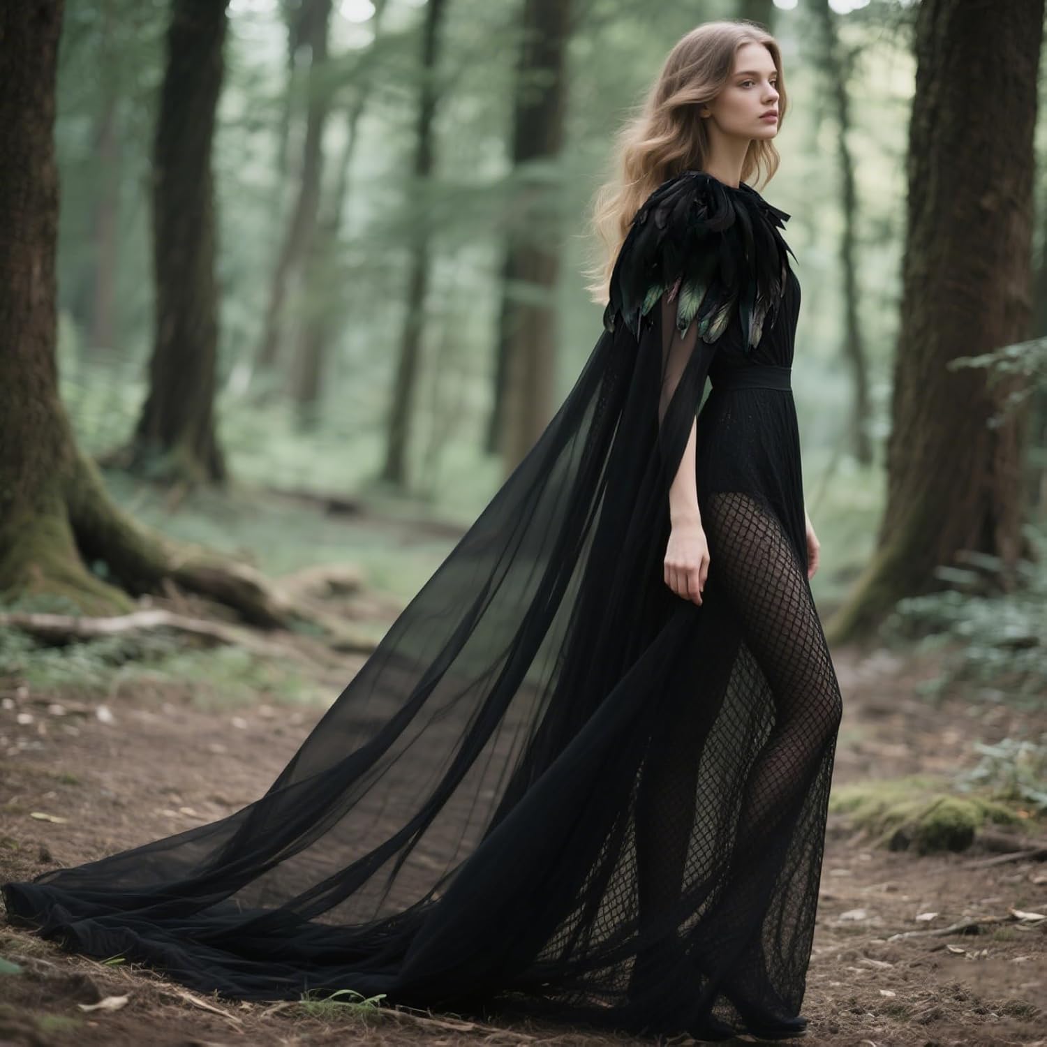 L'VOW Women's Gothic Feather Cloak Gothic Tulle Cape with Feather Collar Vampire Cloak Witches Cape Cosplay Costume - Image 4