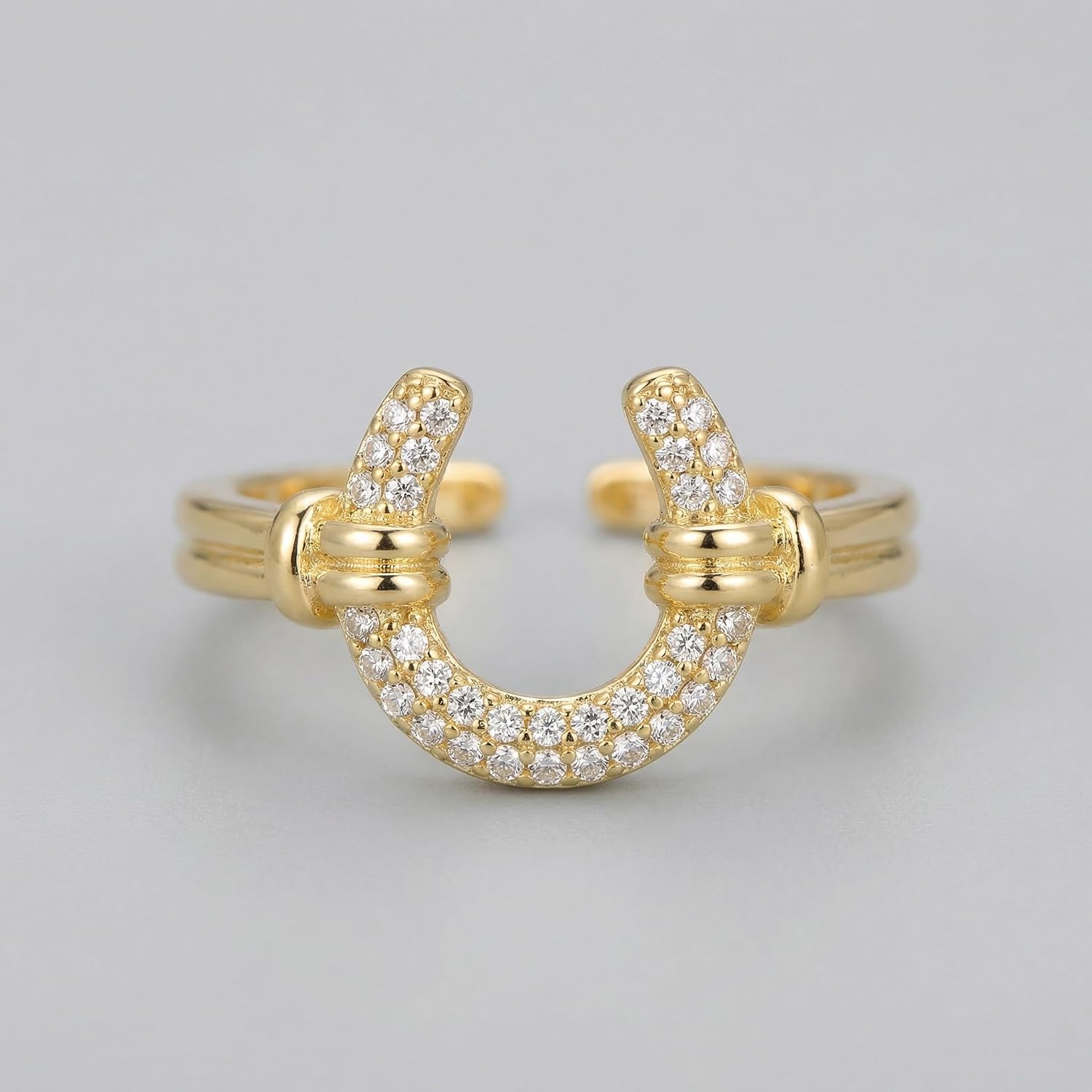 Horseshoe Adjustable Ring for Women, Gold Tone Sparkling Cubic Zirconia Open Finger Ring, Minimalist Equestrian Jewelry Accessories for Horse Lovers