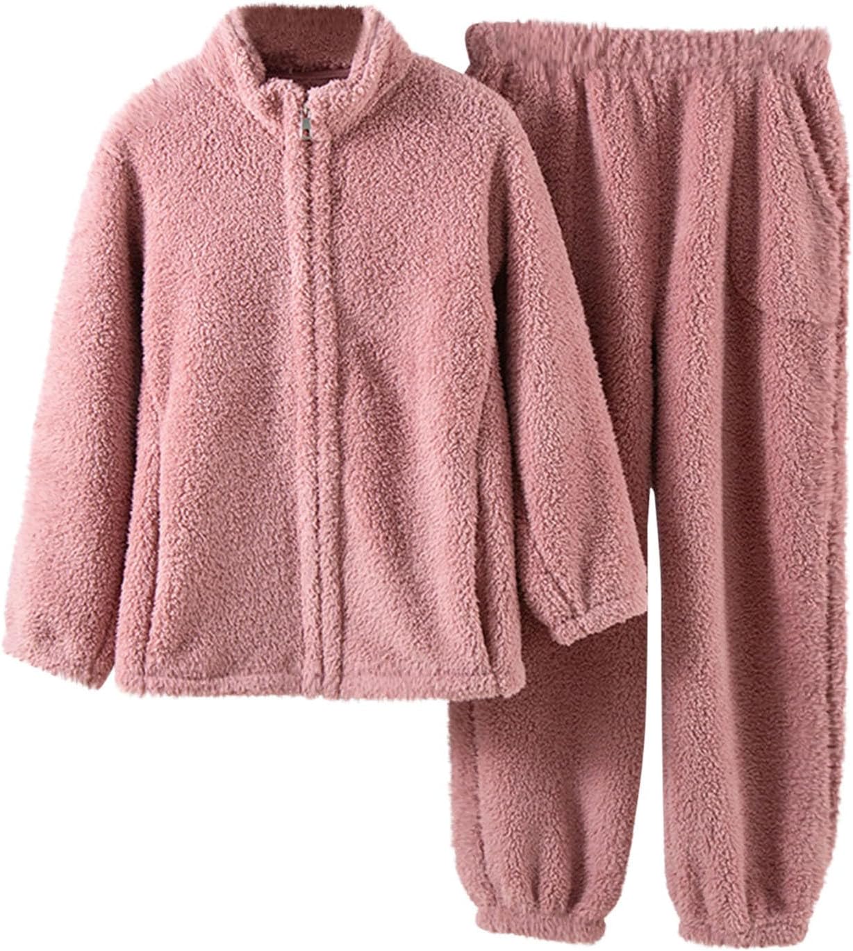 Oplxuo Fluffy Pajamas for Women Full Zip Up Pjs with Pants Winter Fuzzy Pajama Set Fleece Soft Cozy Warm Ladies Loungewear